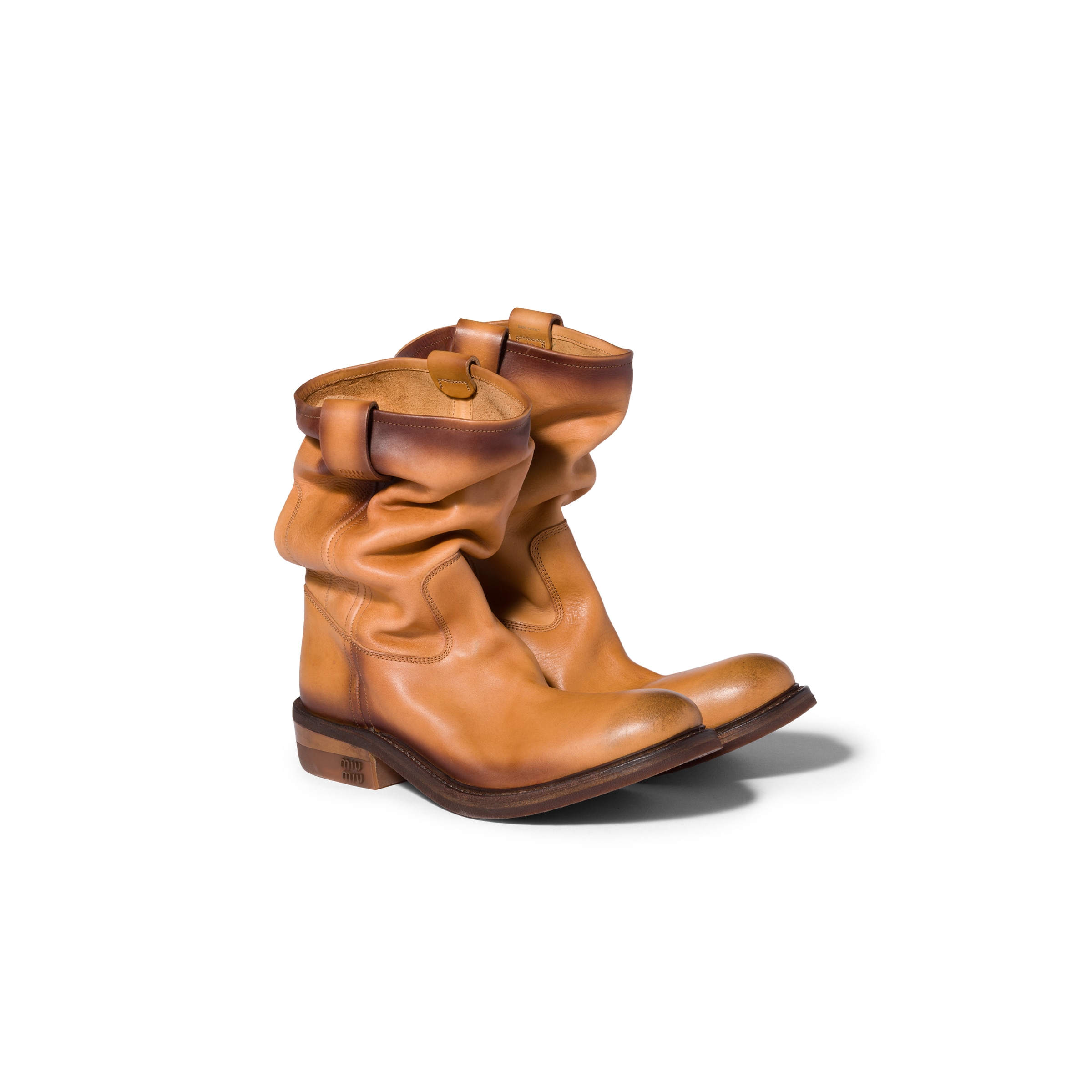 Miu Miu Leather Ankle Boots Round Toe Pull Tab In Brown