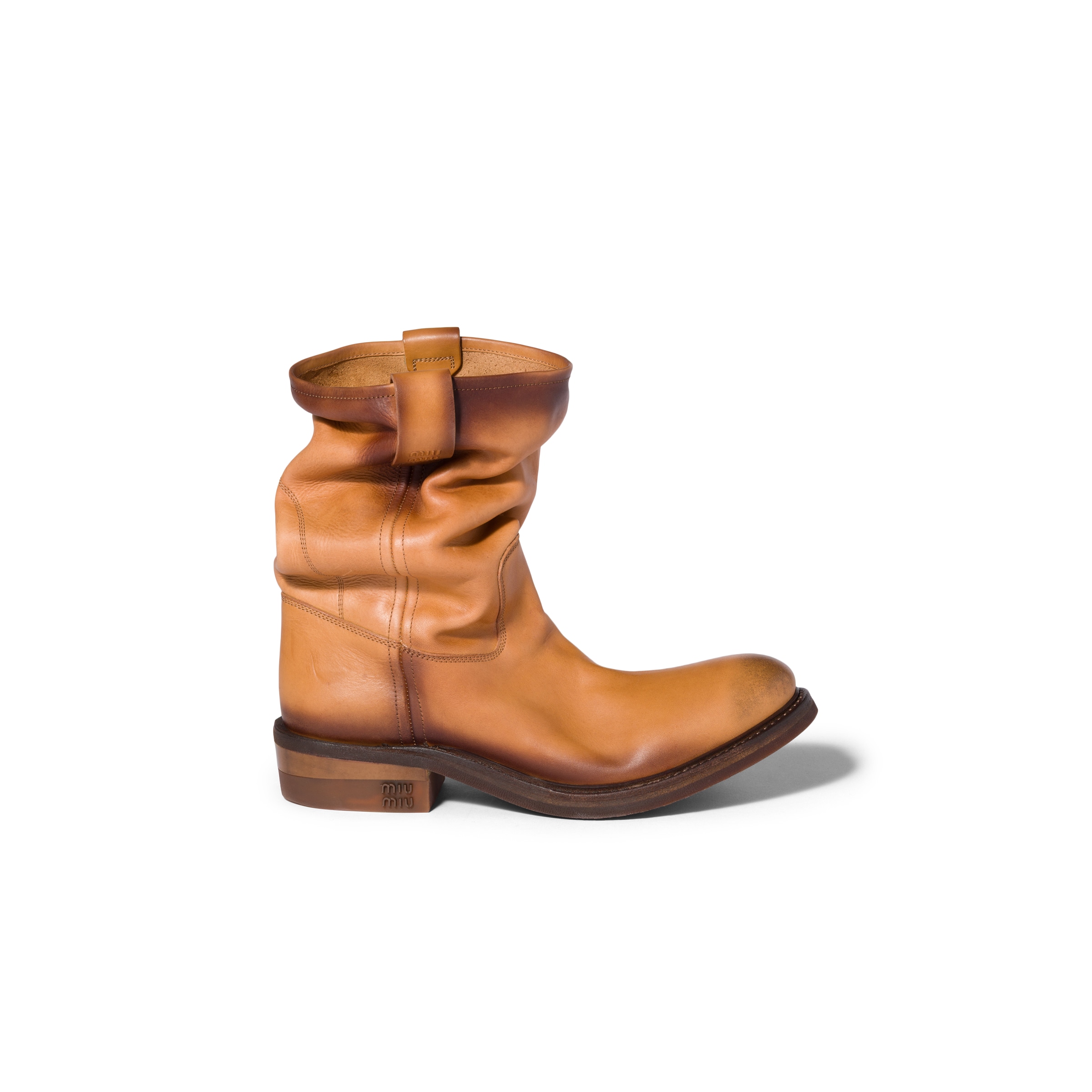 Miu Miu Leather Ankle Boots Round Toe Pull Tab In Brown