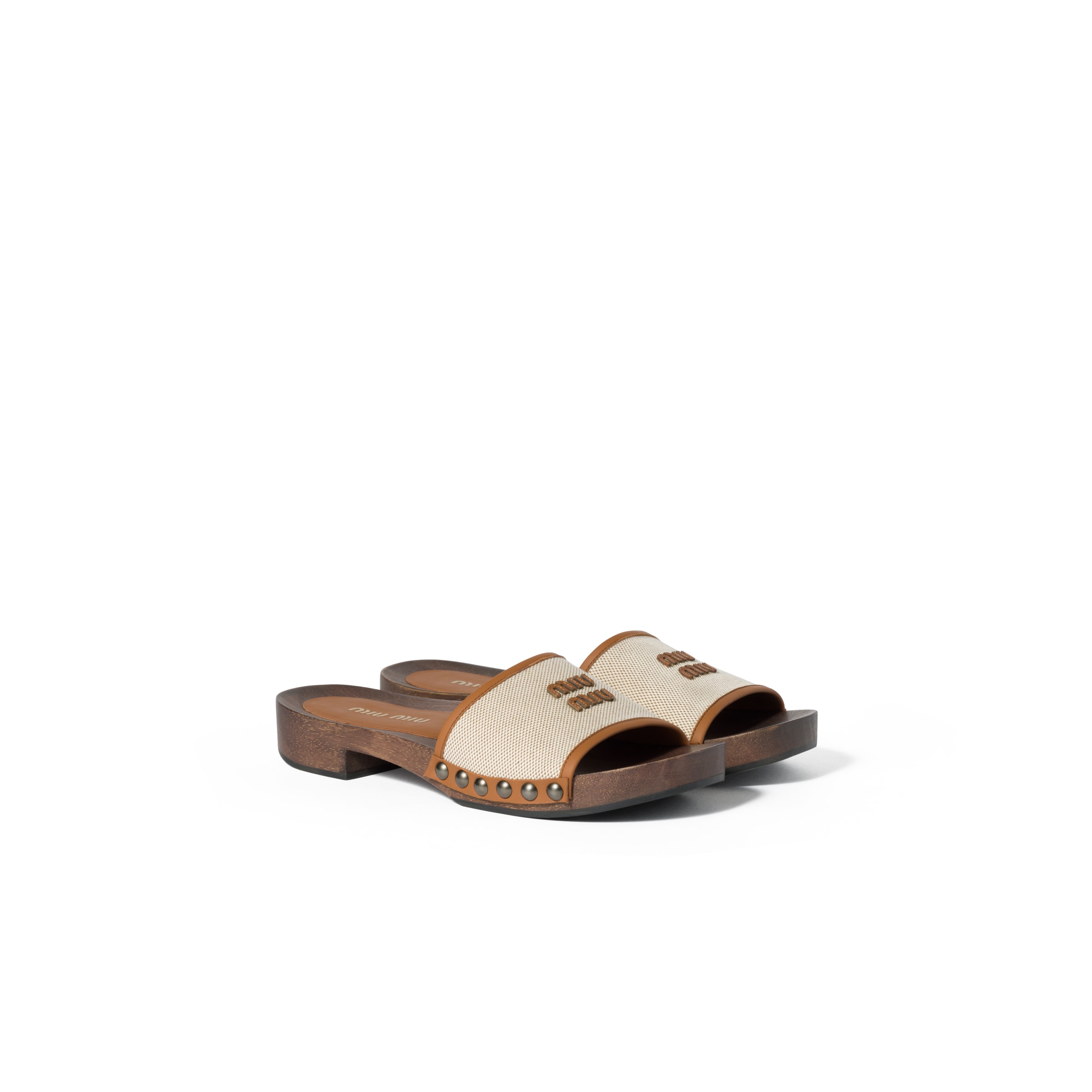 Miu Miu Sabots En Toile Et Cuir, Femme, Beige / Brandy, Taille 38