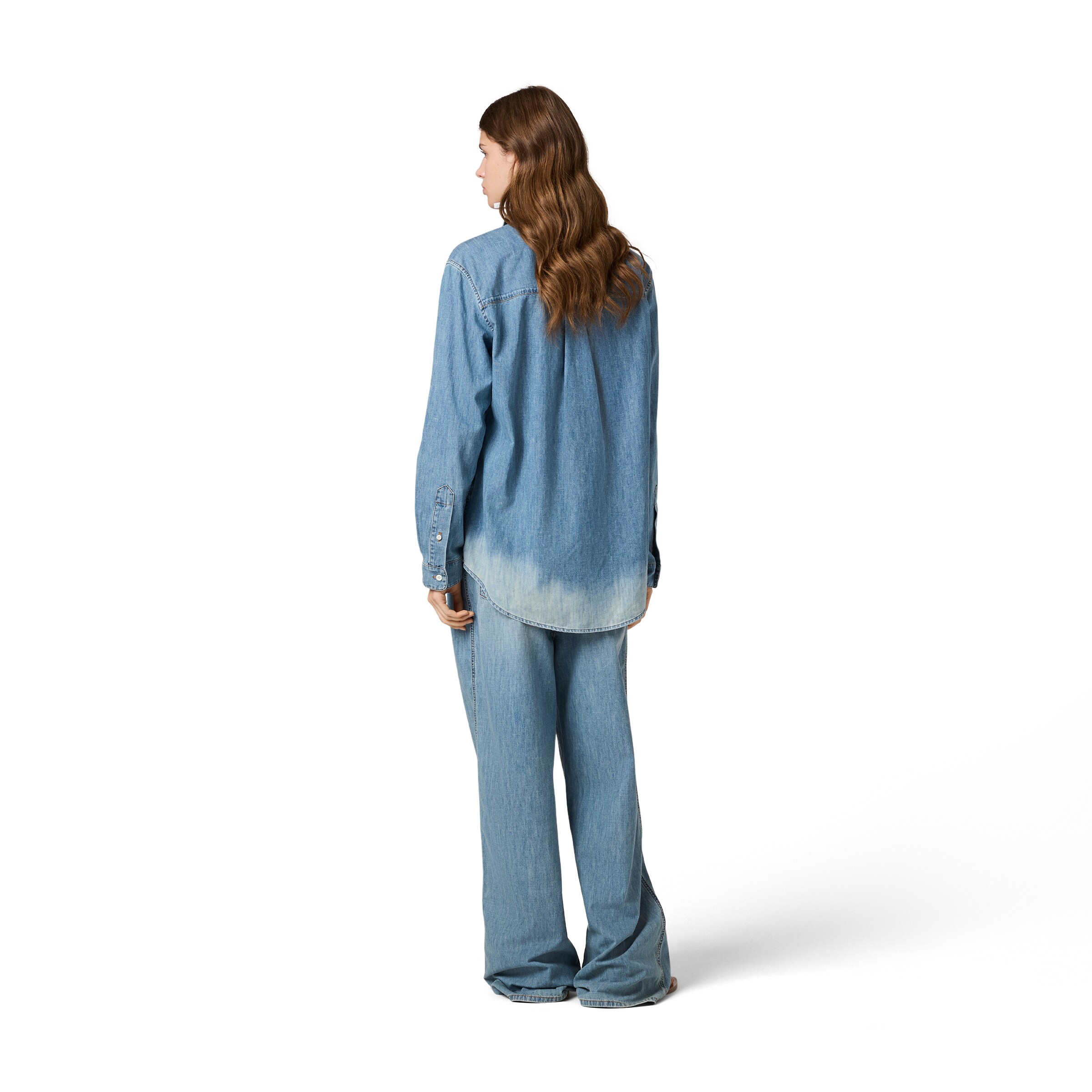 Miu Miu Logo Embroidery Chambray Denim Shirt In Blue