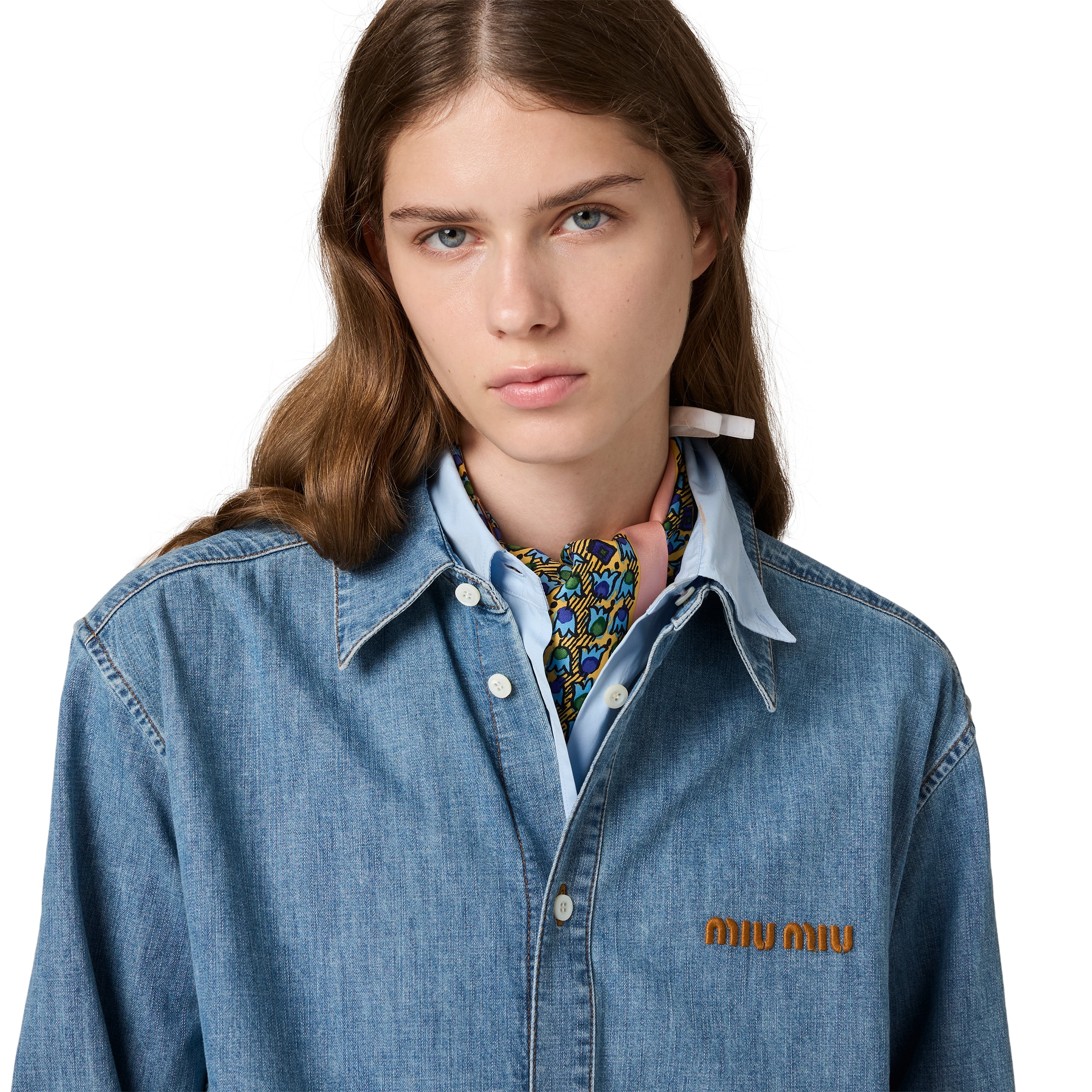 Miu Miu Logo Embroidery Chambray Denim Shirt In Blue