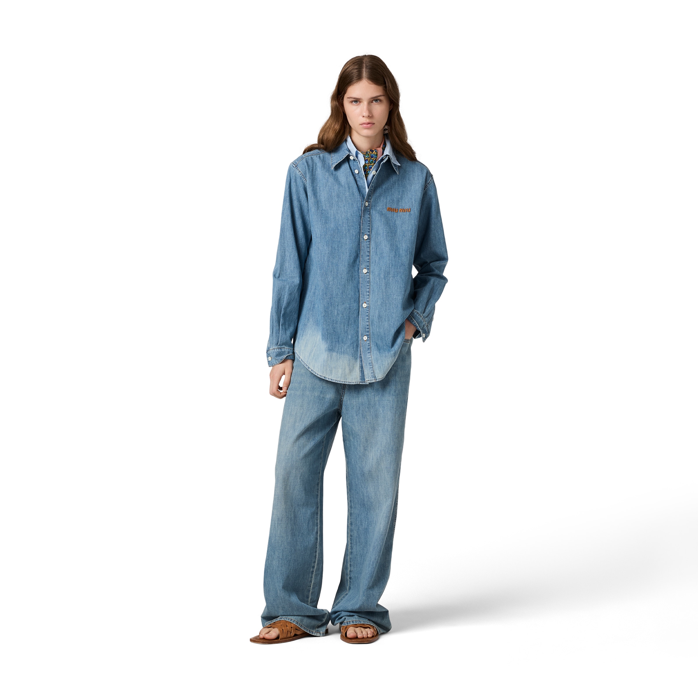 Miu Miu Logo Embroidery Chambray Denim Shirt In Blue