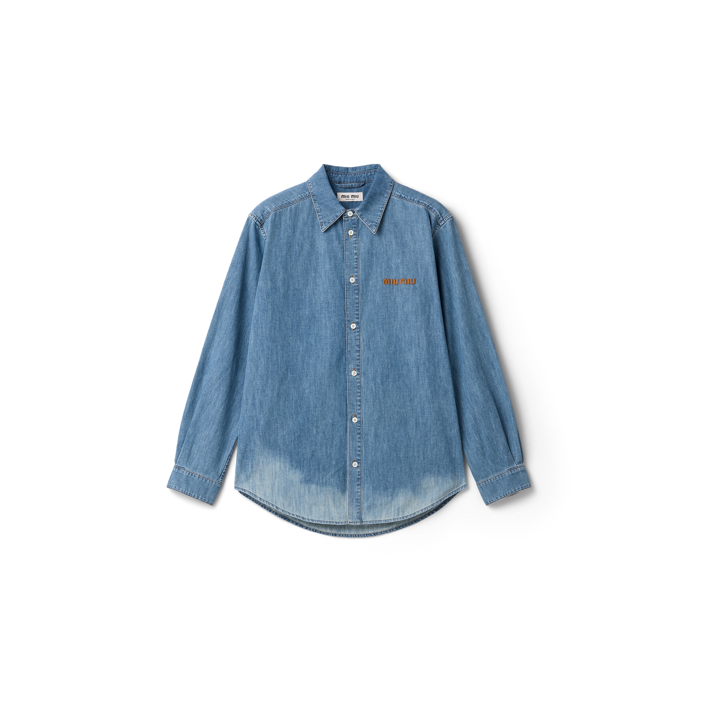 Miu Miu Logo Embroidery Chambray Denim Shirt In Blue