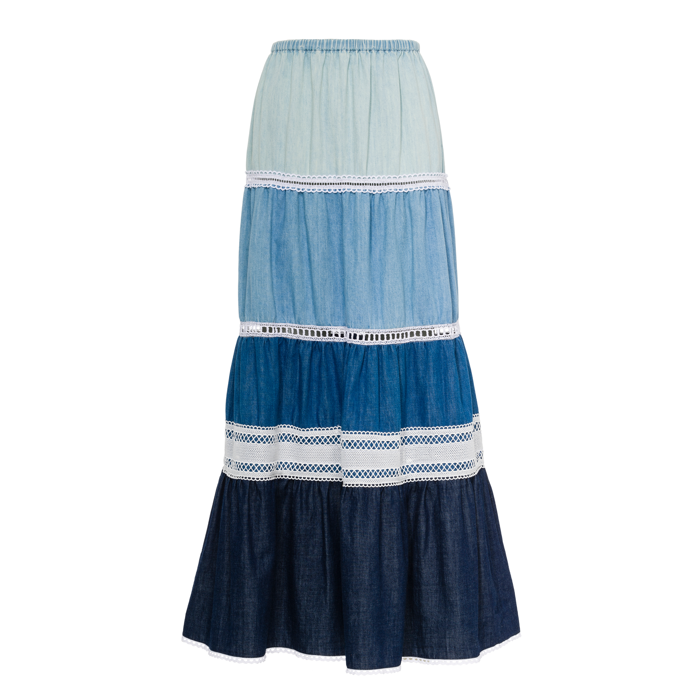 tiered denim maxi skirt