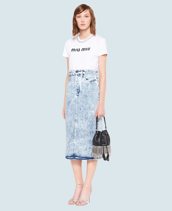 high waisted denim pencil skirt