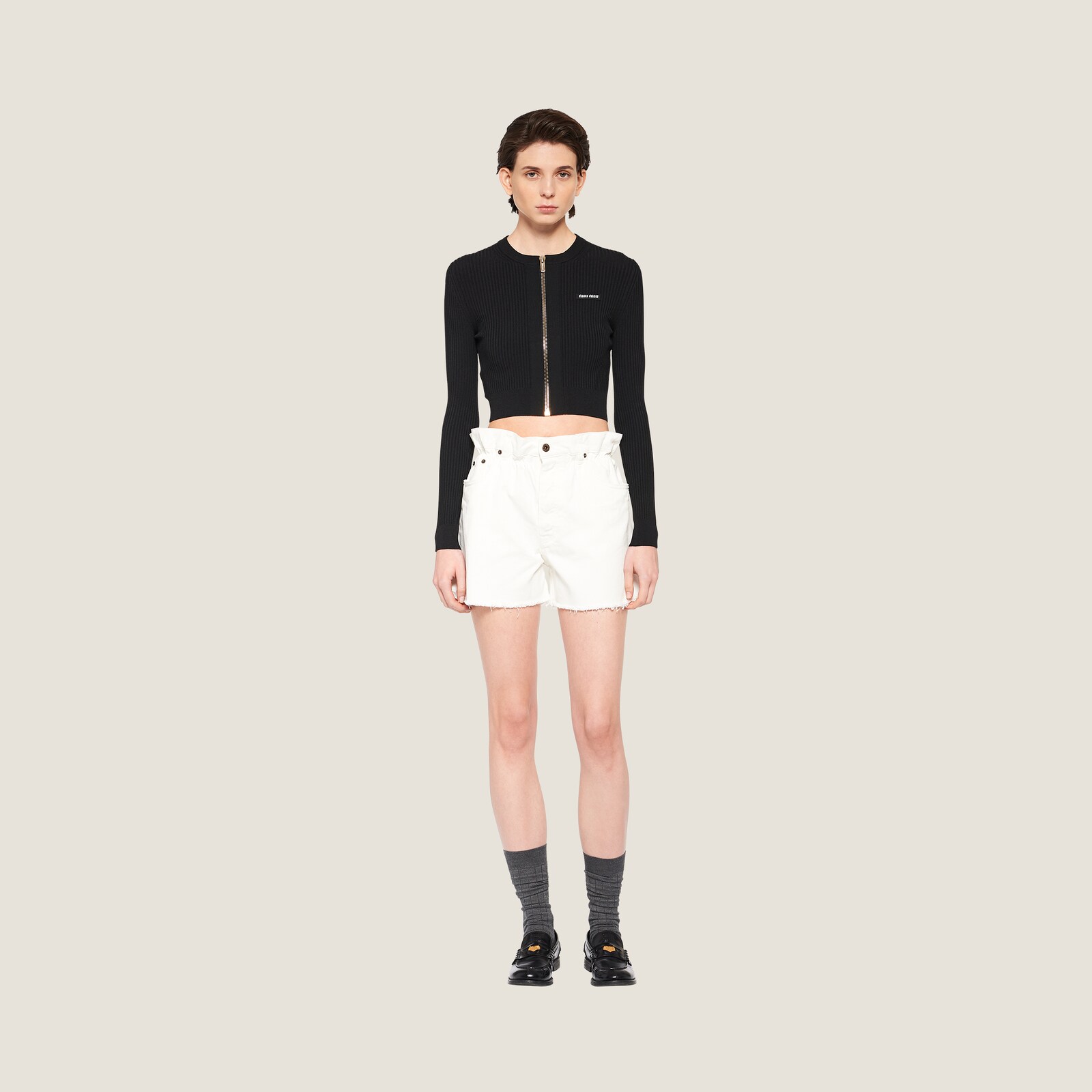 MIUMIU cotton Logo Distressed Elastic Waist Denim Shorts GWP300 black 25
