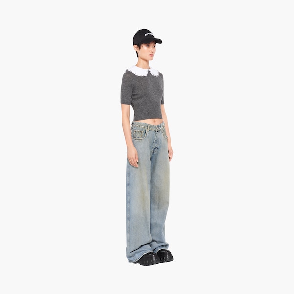 Pantaloni in denim con borchie Azzurro | Miu Miu