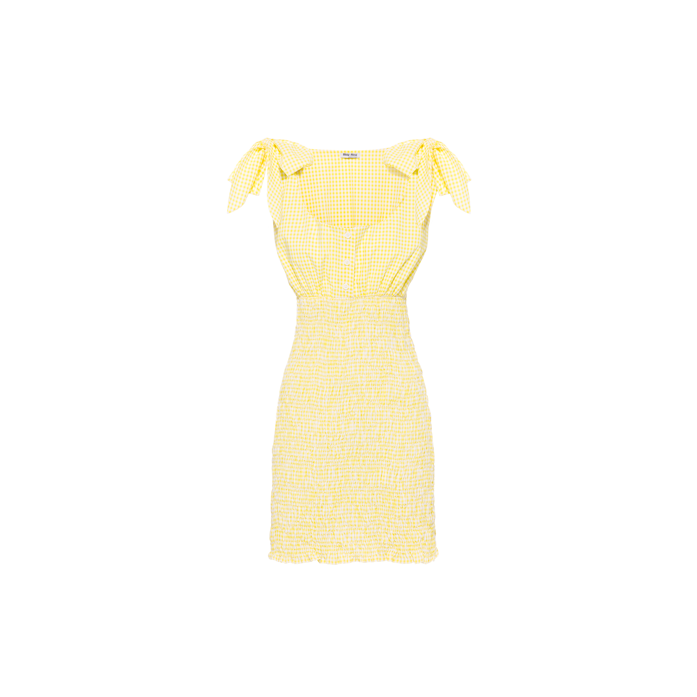 Miu Miu Gingham Tie-shoulder Smocked Mini Dress In Yellow