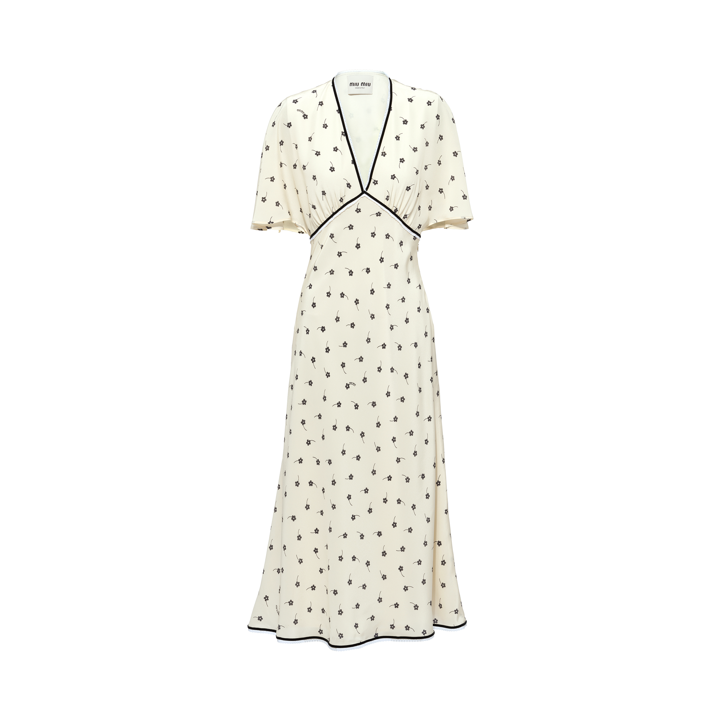 Miu Miu Crepe De Chine Midi Dress In Ivory/black | ModeSens