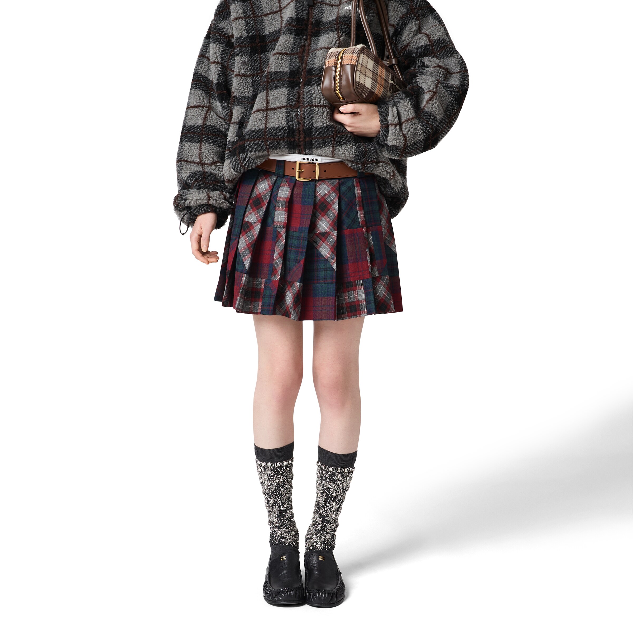 Miu Miu Patchwork Plaid Virgin Wool Miniskirt In Multi