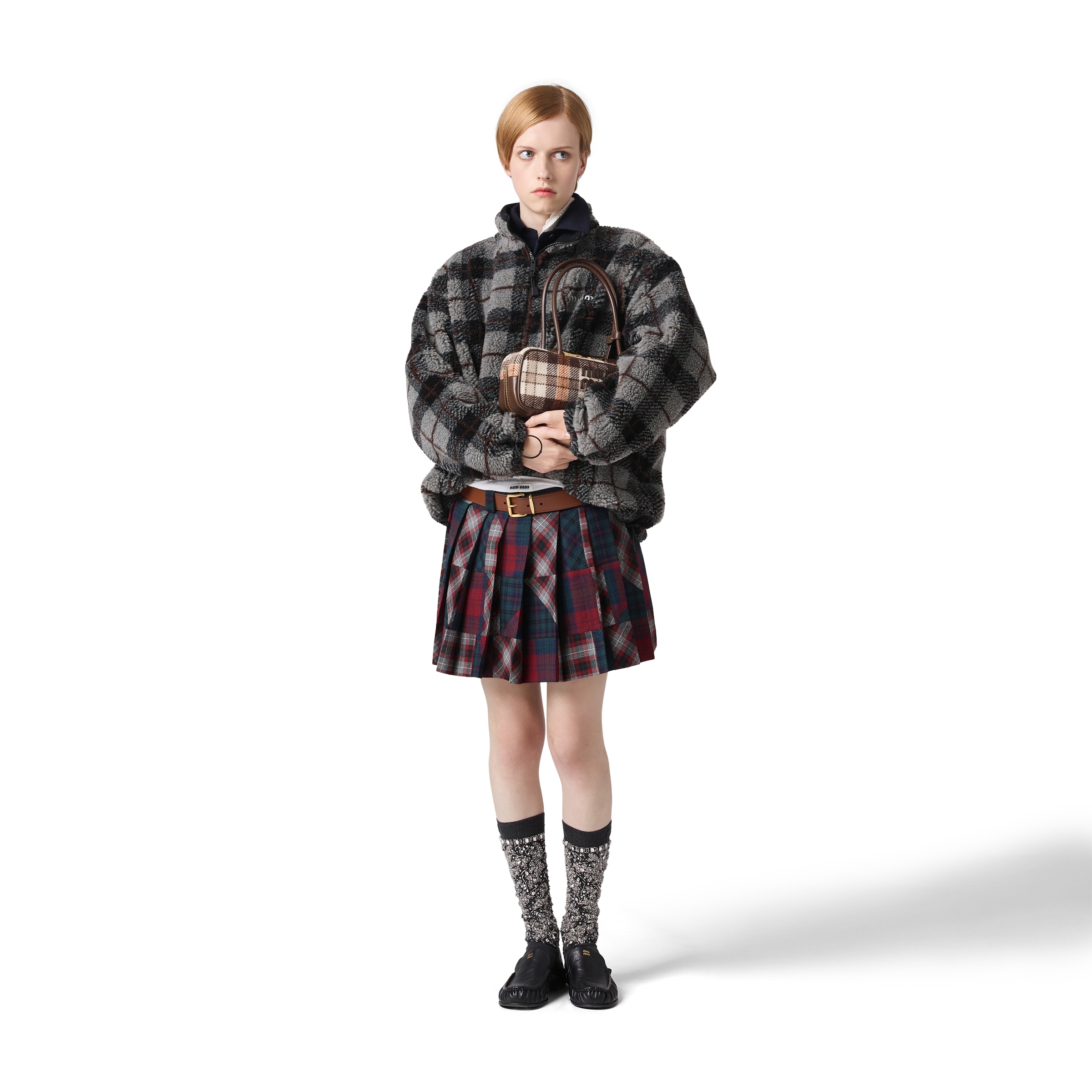 Miu Miu Patchwork Plaid Virgin Wool Miniskirt In Multi