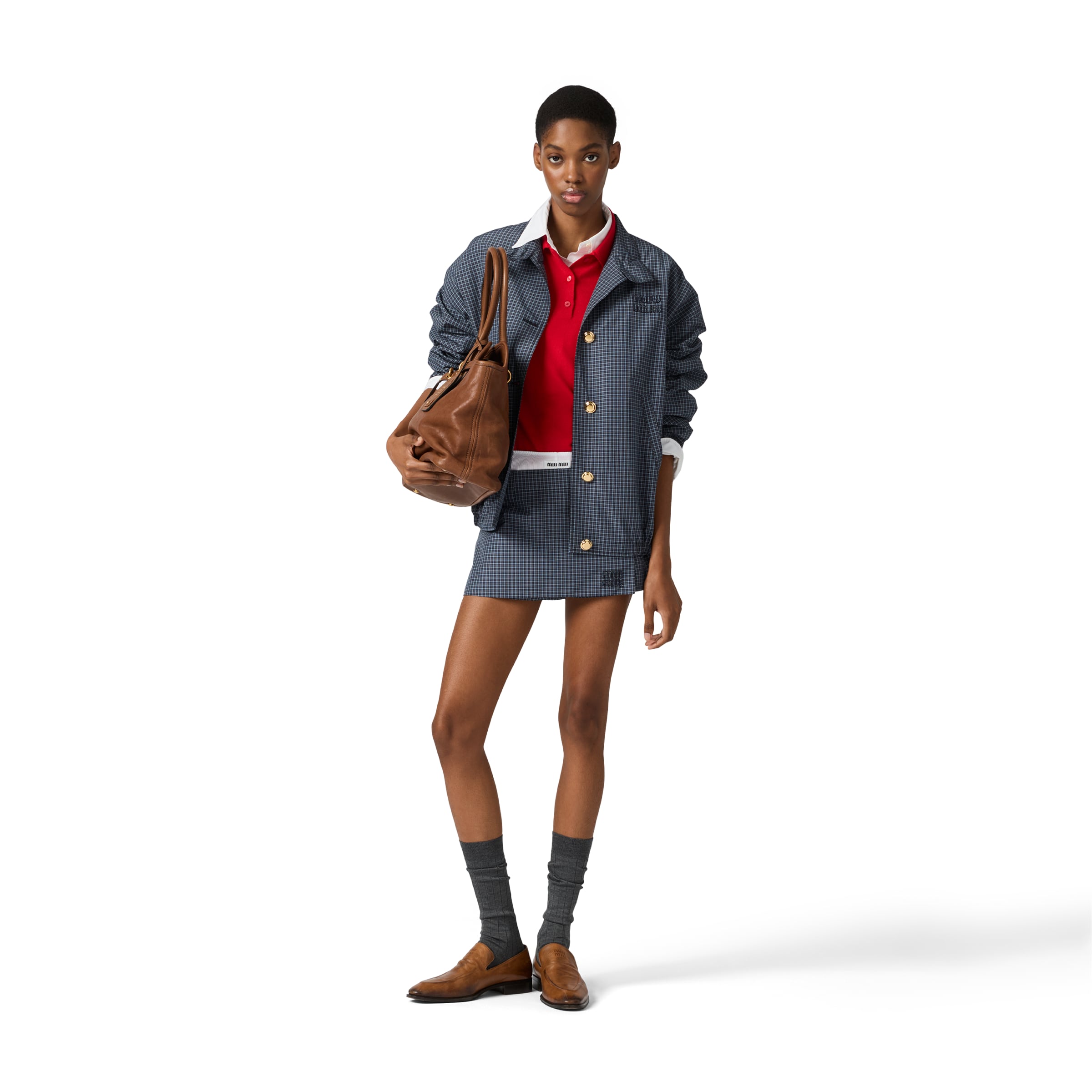 Miu Miu Checked Technical Fabric Mini Skort In Blue