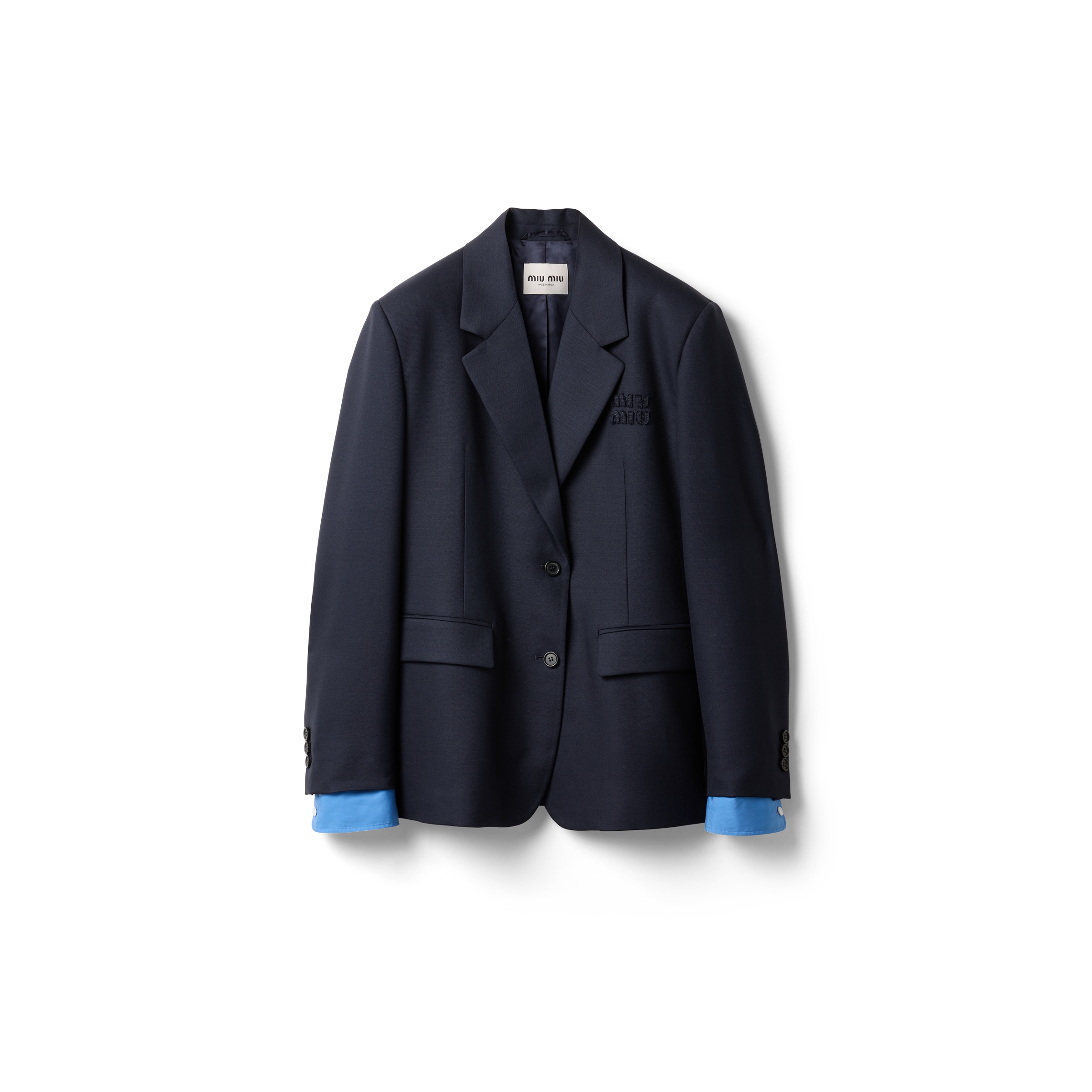 Miu Miu Logo Embroidered Oversized Wool Blazer Jacket In Navy