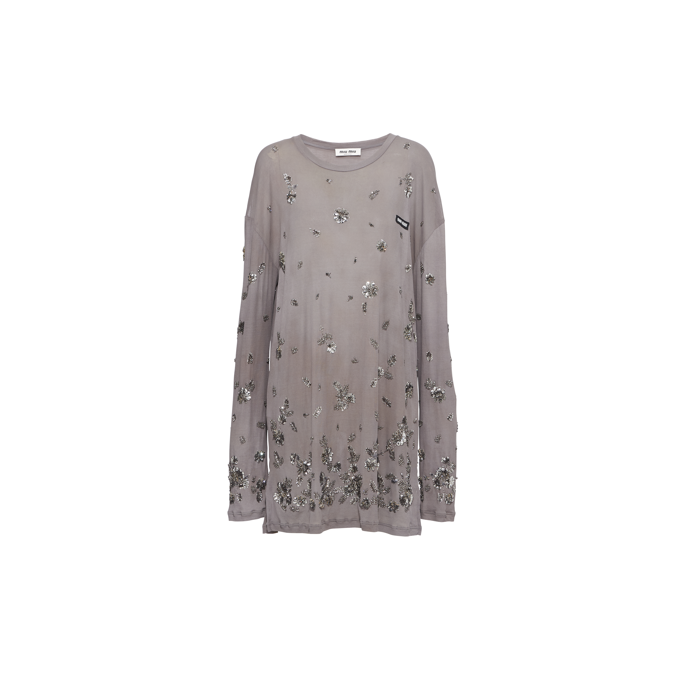 Miu Miu Embroidered Garment-dyed Ribbed Knit Jersey Dress In Lead Gray