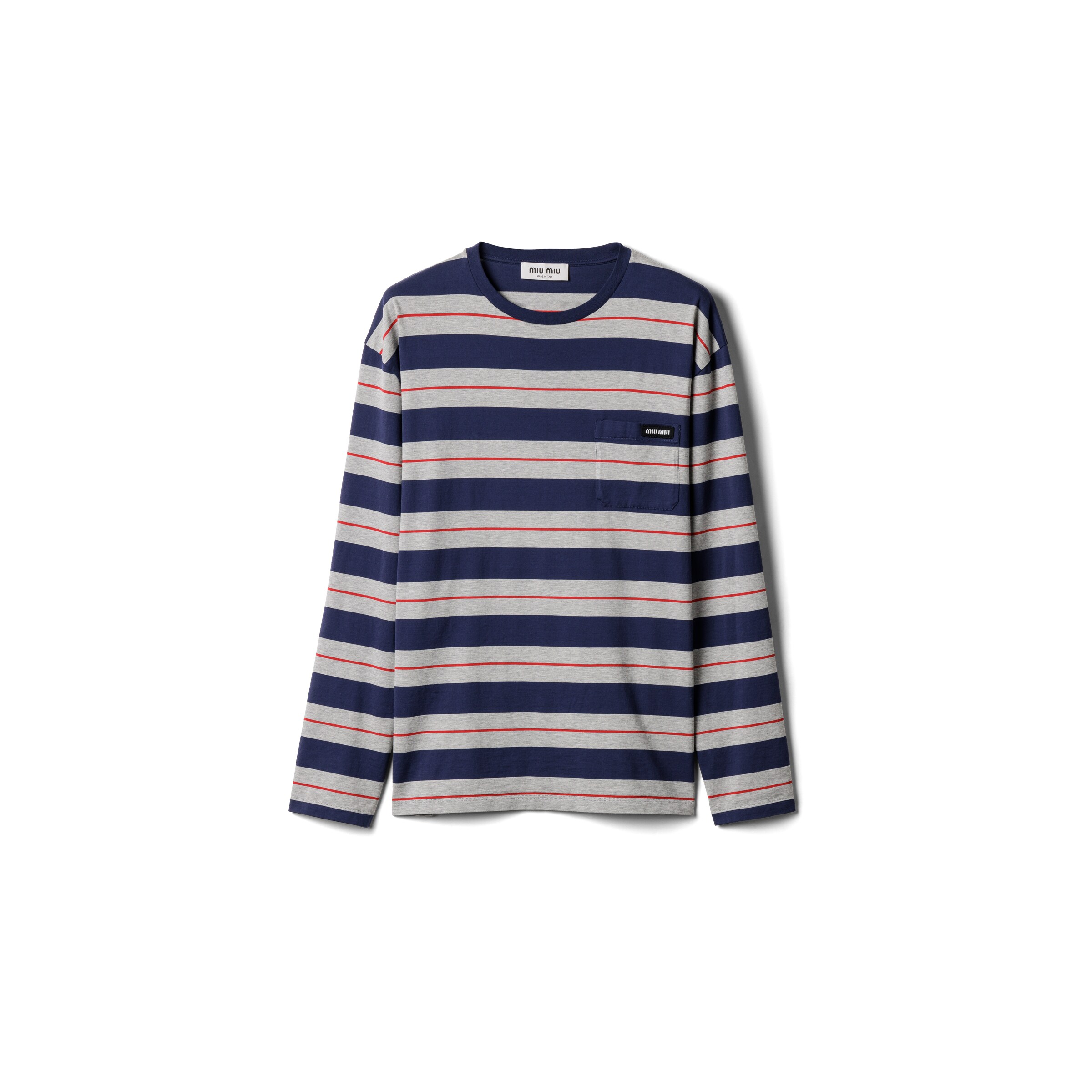 Miu Miu T-shirt À Manches Longues En Jersey De Coton, Femme, Gris/bleu Marine, Taille M