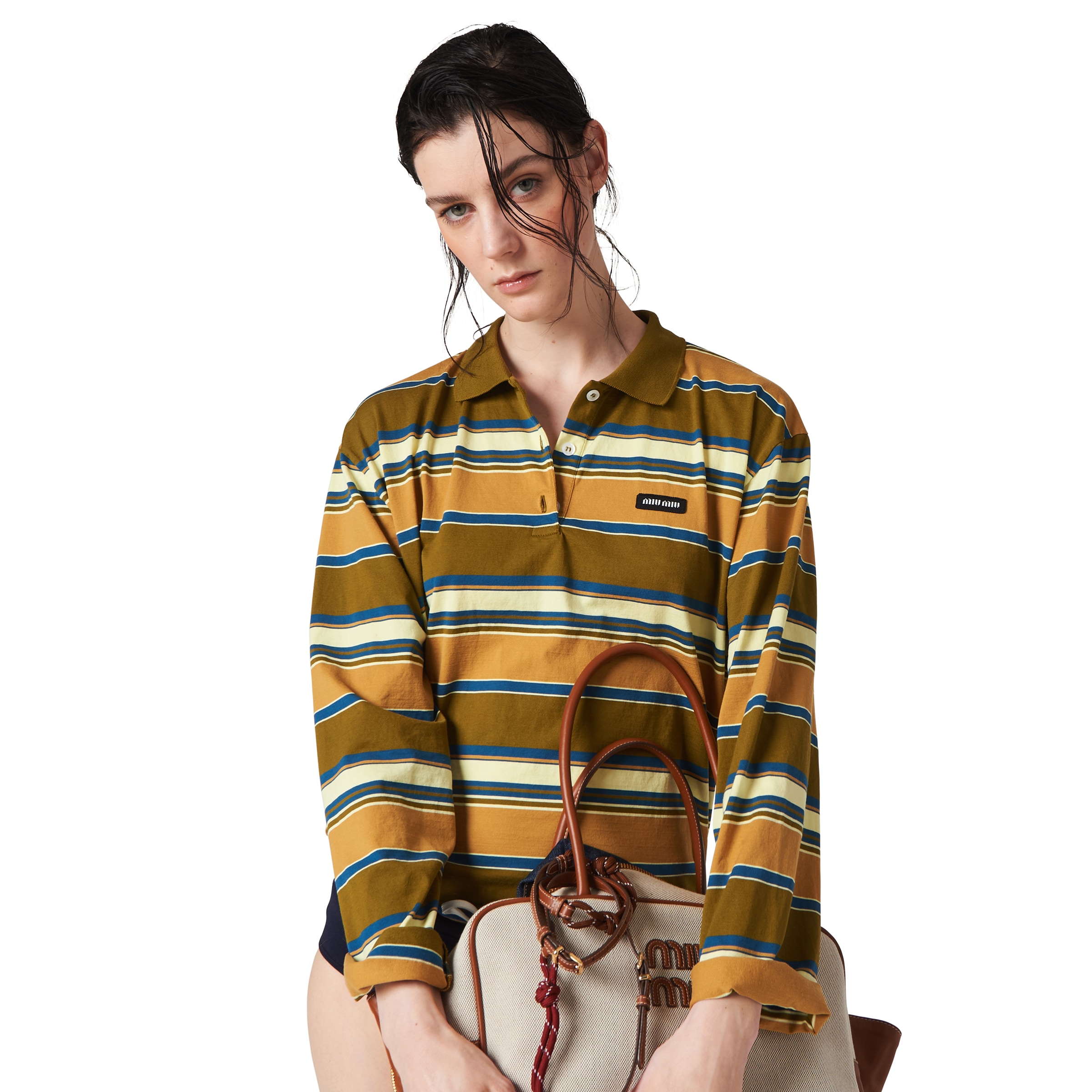 Miu Miu Striped Cotton Polo Shirt In Braun | ModeSens