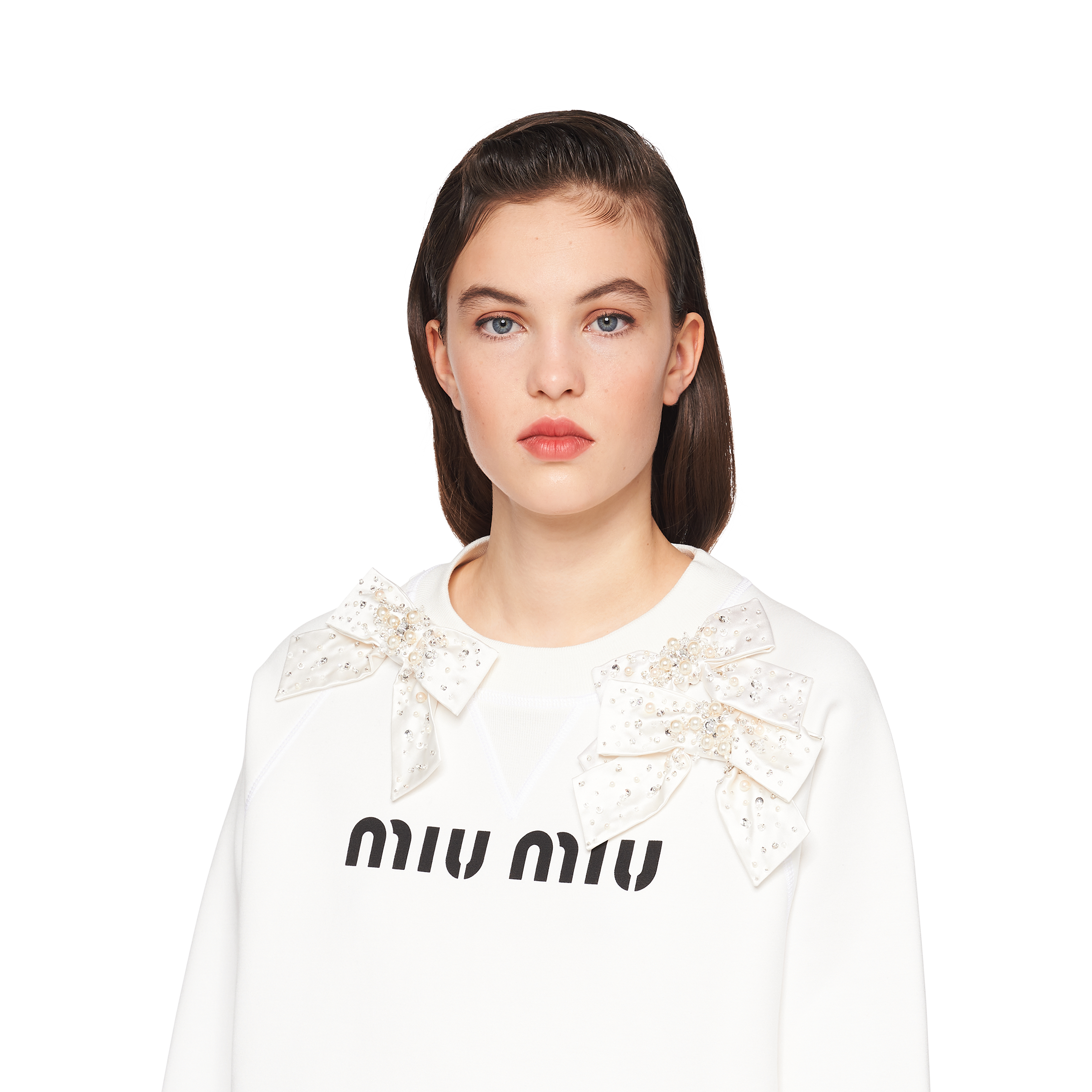 刺繍入り コットンフリース スウェットシャツ ホワイト | Miu Miu 刺繍入り コットンフリース スウェットシャツ ホワイト | Miu Miu