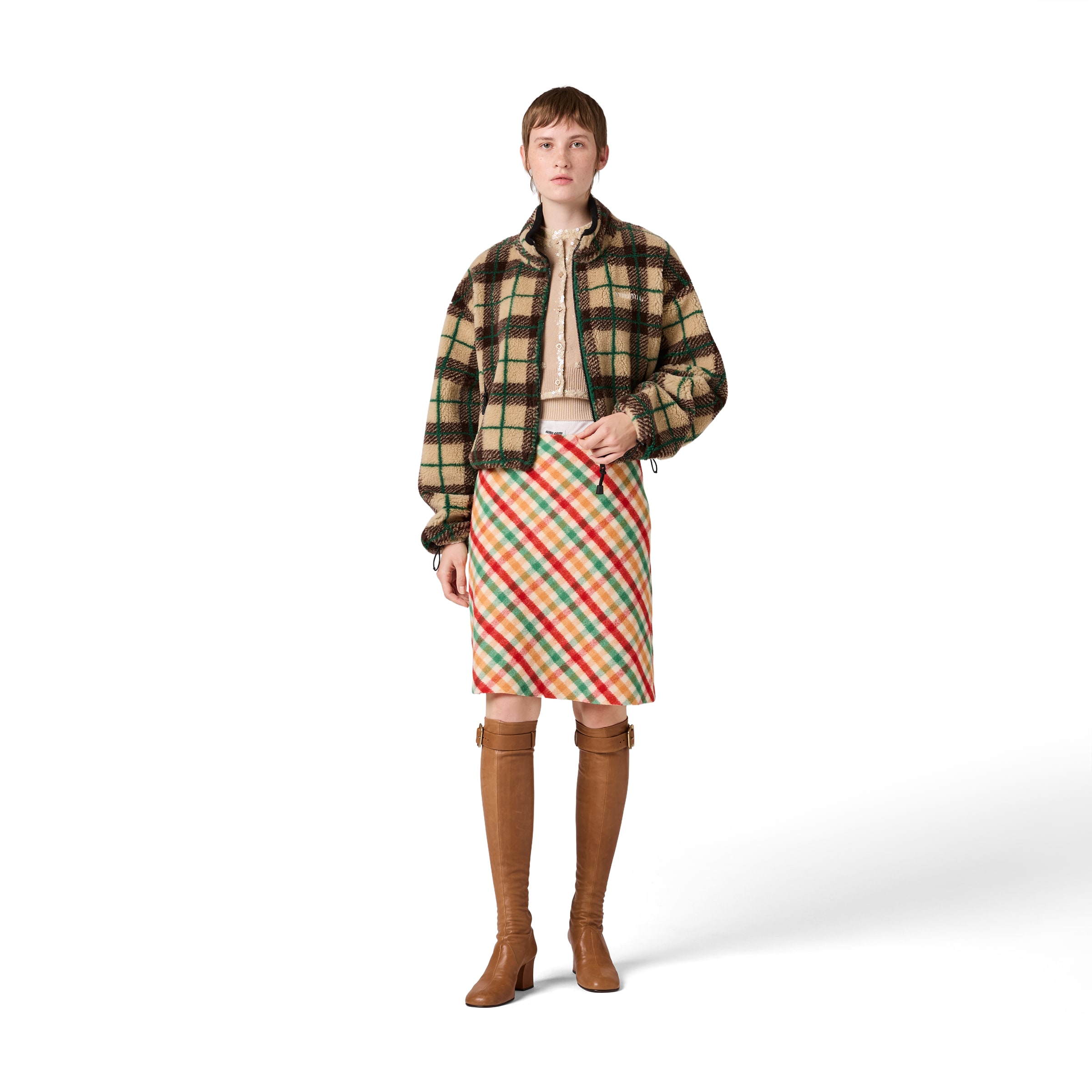 Miu Miu Checked Teddy Jacket With Zipper In Multi