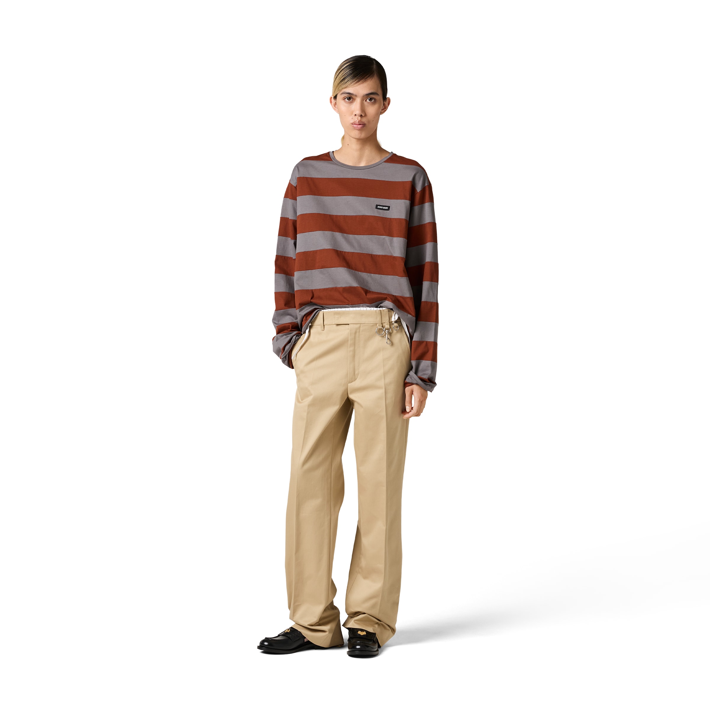 Miu Miu Cotton T-shirt With Striped Pattern In Blue