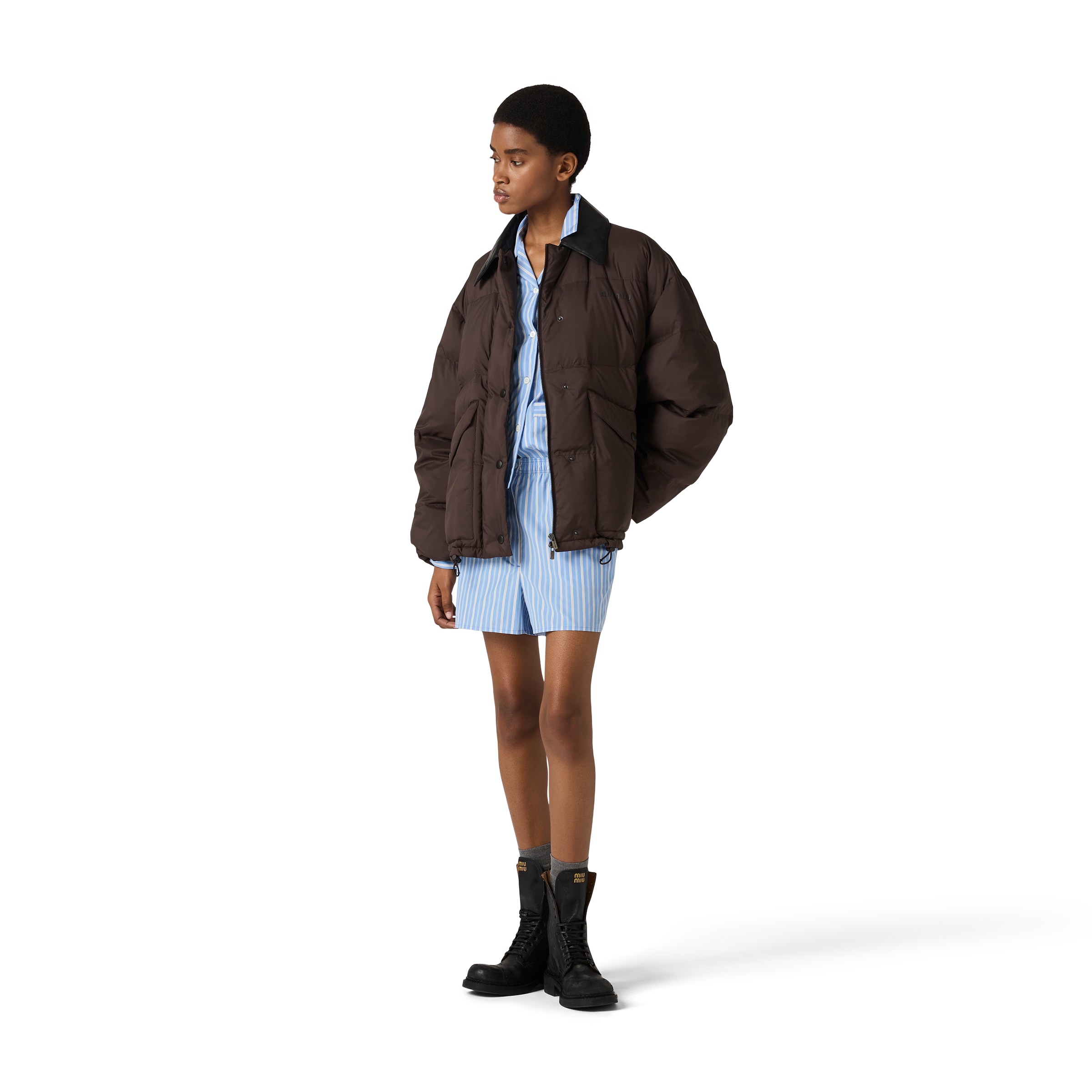 Miu Miu Technical Pongé Cropped Down Jacket In Brown