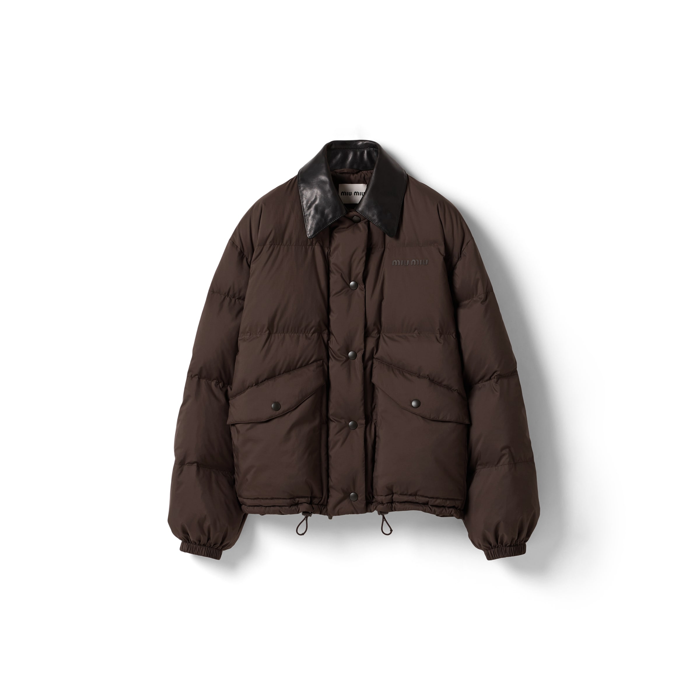 Miu Miu Technical Pongé Cropped Down Jacket In Brown