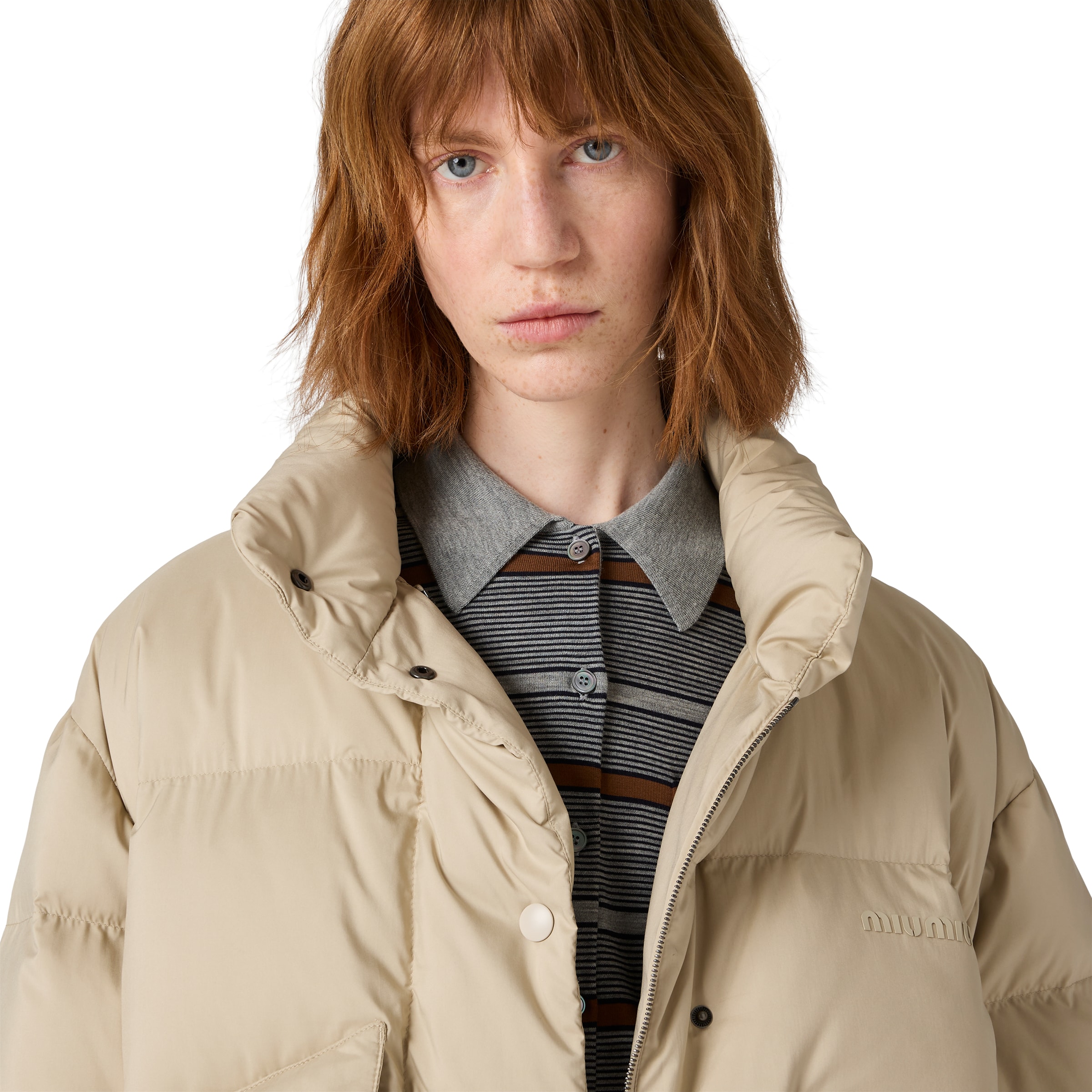Miu Miu Technical Pongé Down Jacket In Neutral