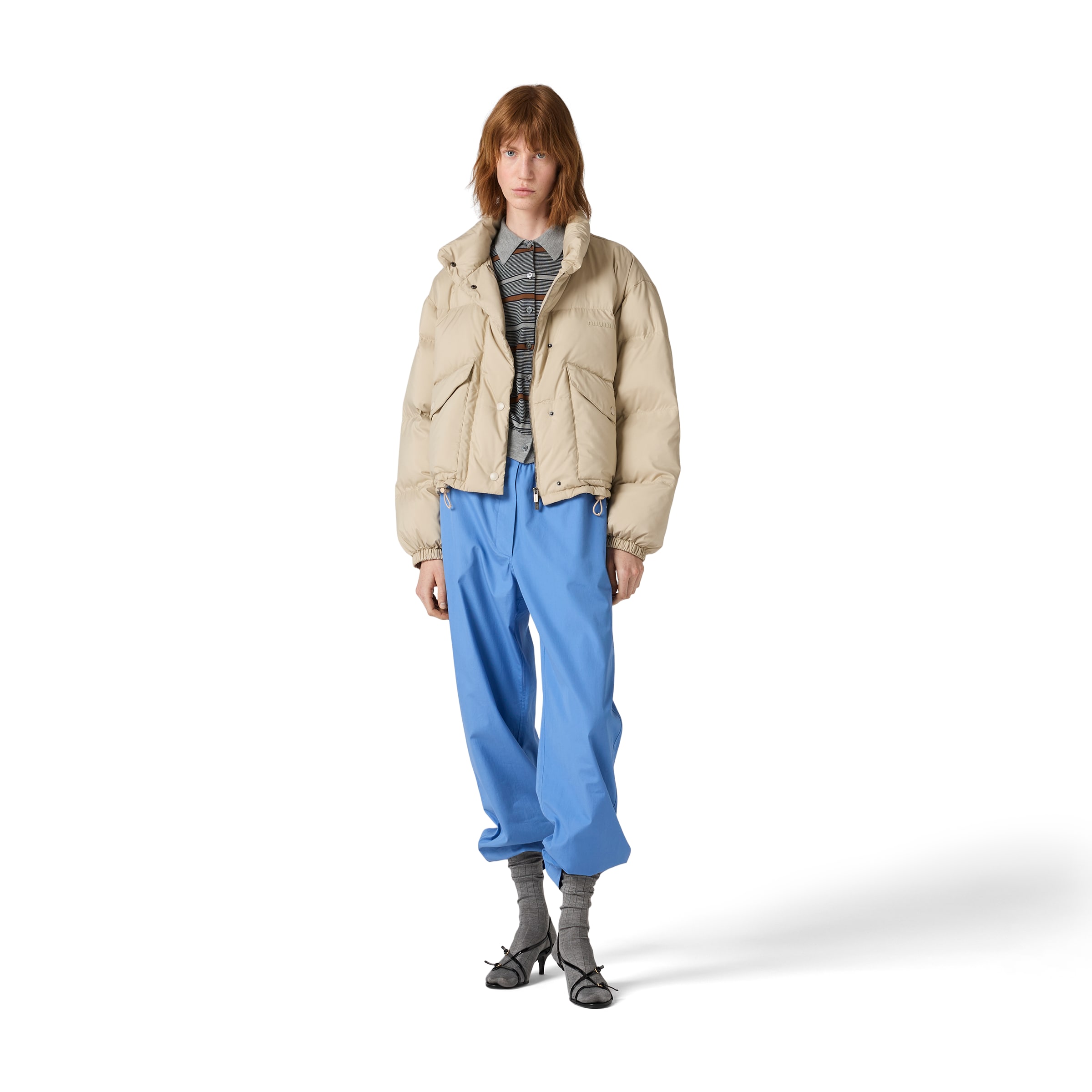 Miu Miu Technical Pongé Down Jacket In Neutral