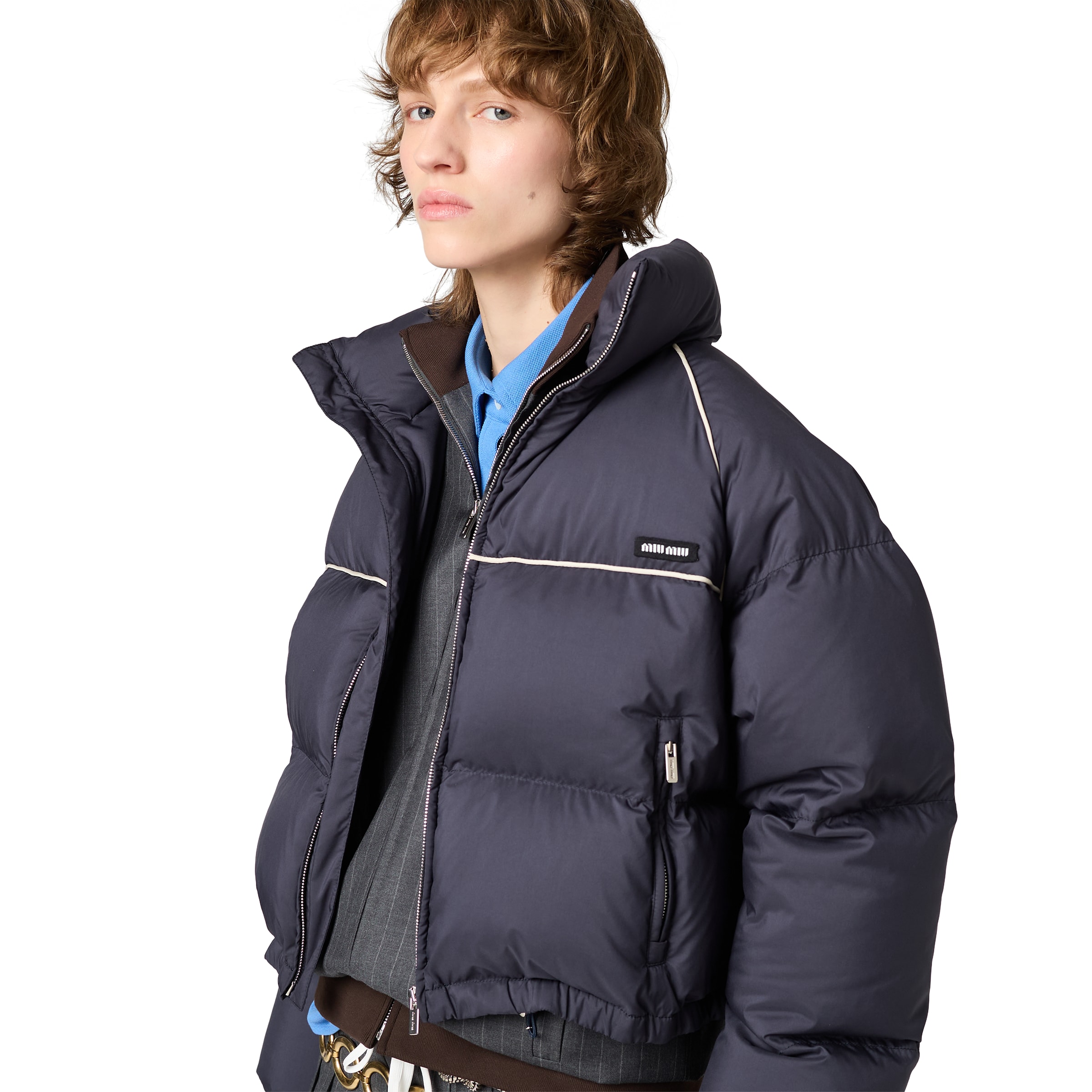 Miu Miu Padded Piped-trim Jacket In Blue