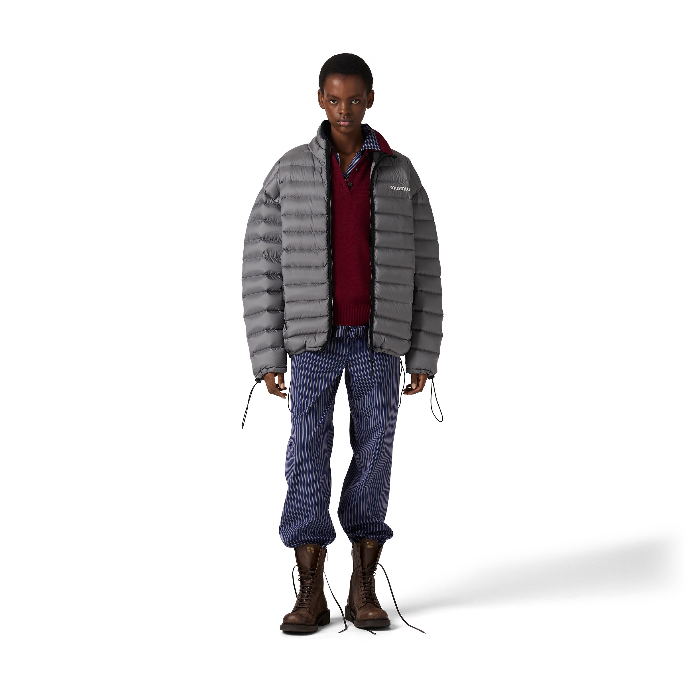 Miu Miu Lightweight Puffer Jacket Drawstring Features In Gray