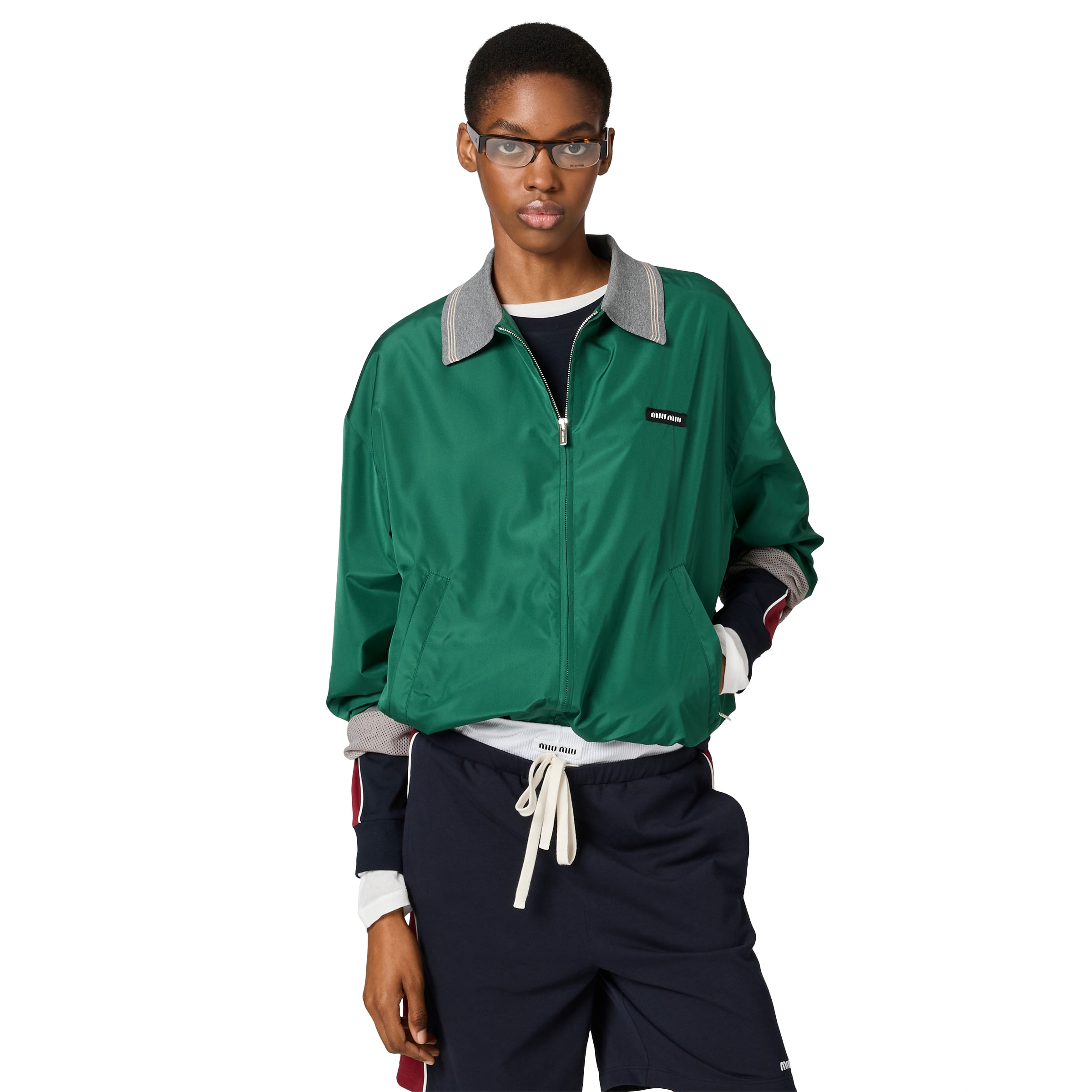 Miu Miu Technical Poplin Bomber Jacket In Green