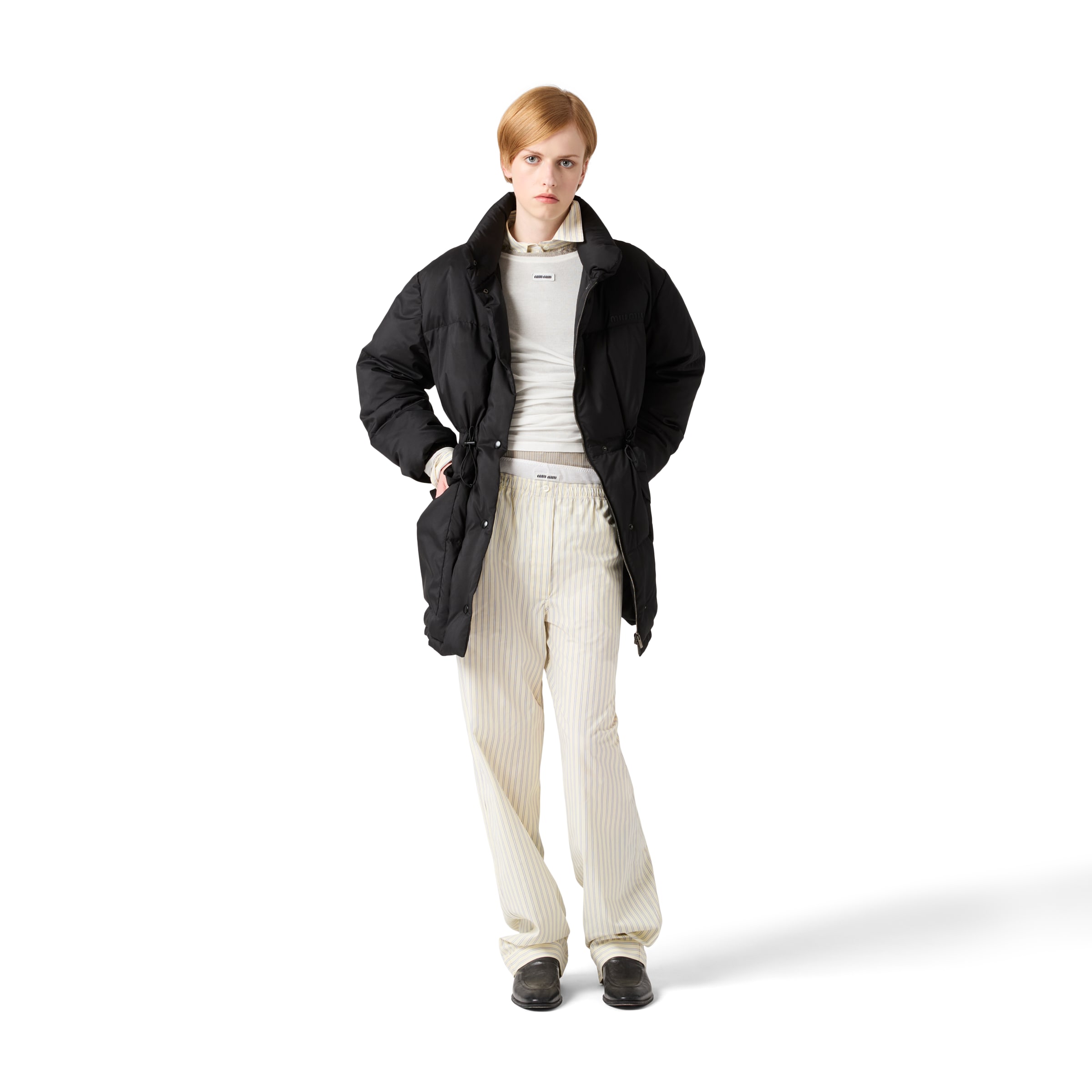 Miu Miu Technical Pongé Down Long Jacket In Black