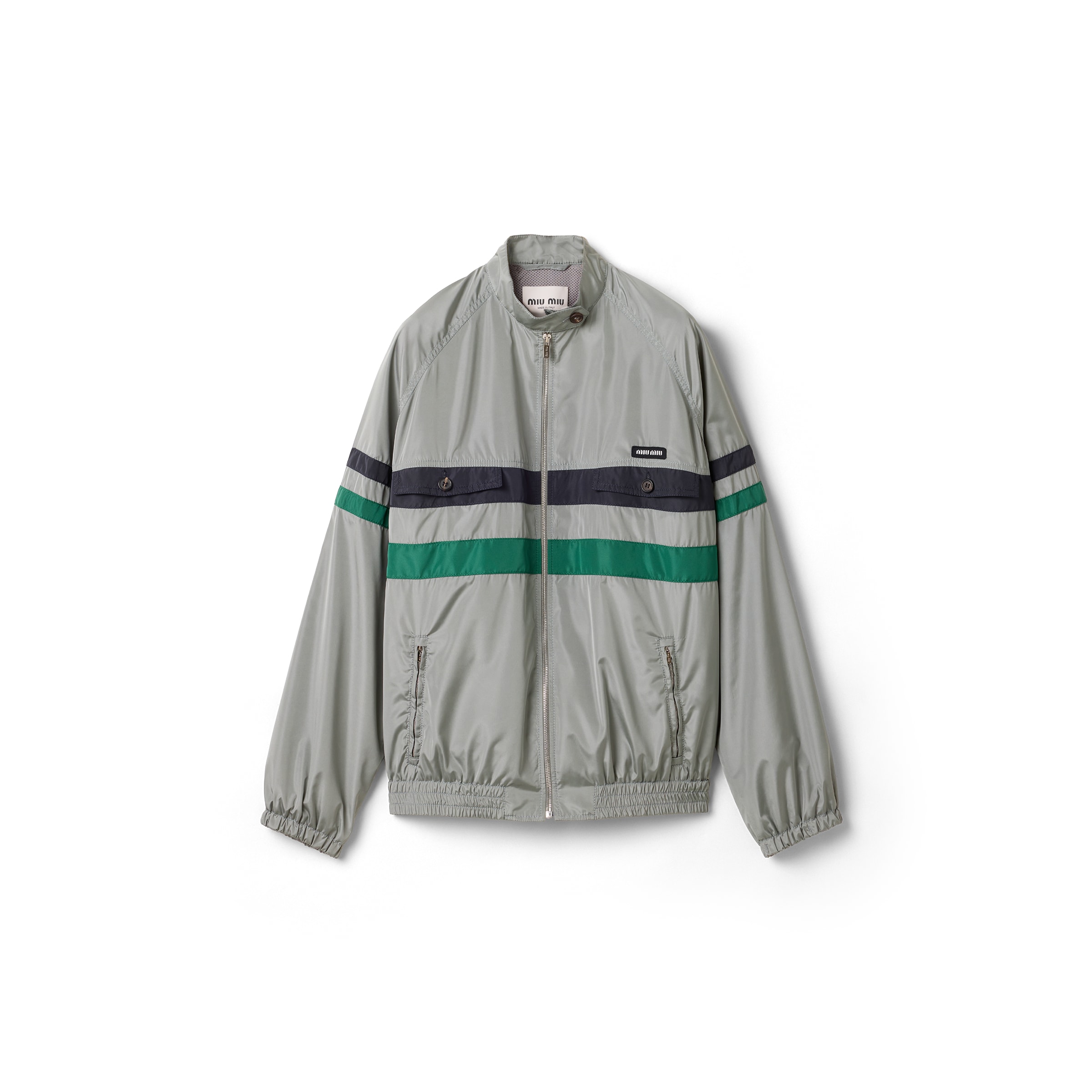 Miu Miu Technical Silk Blouson Jacket, Woman, Lead Gray, Size 42