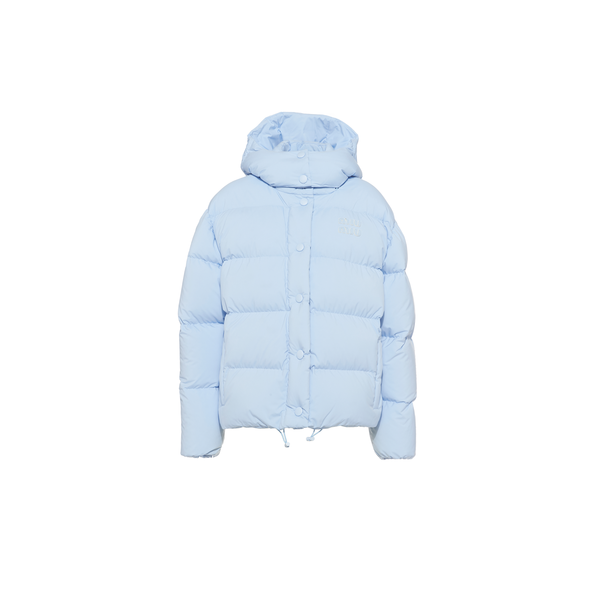Technical pongé hooded down jacket Light blue | Miu Miu