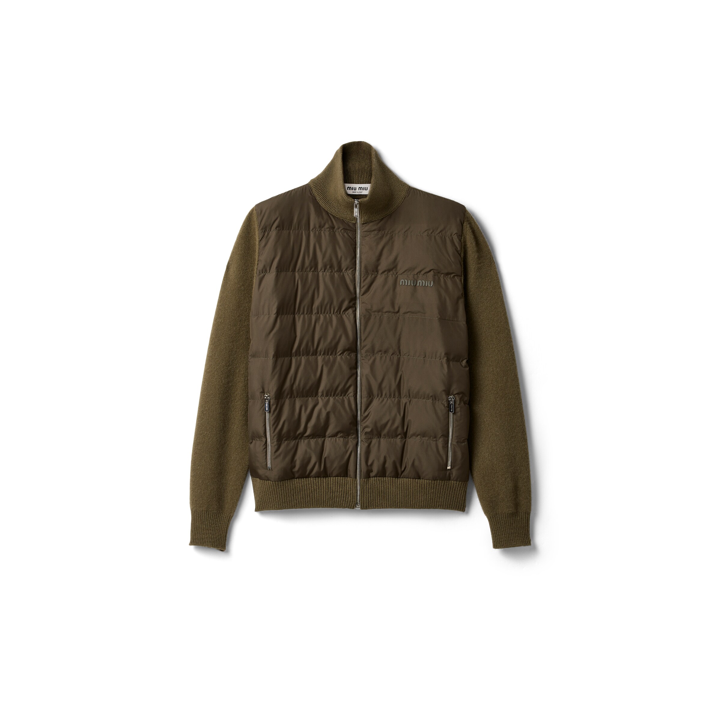 Miu Miu Down-filled Cashmere Zipper Cardigan , Woman, Olive Green, Size 44