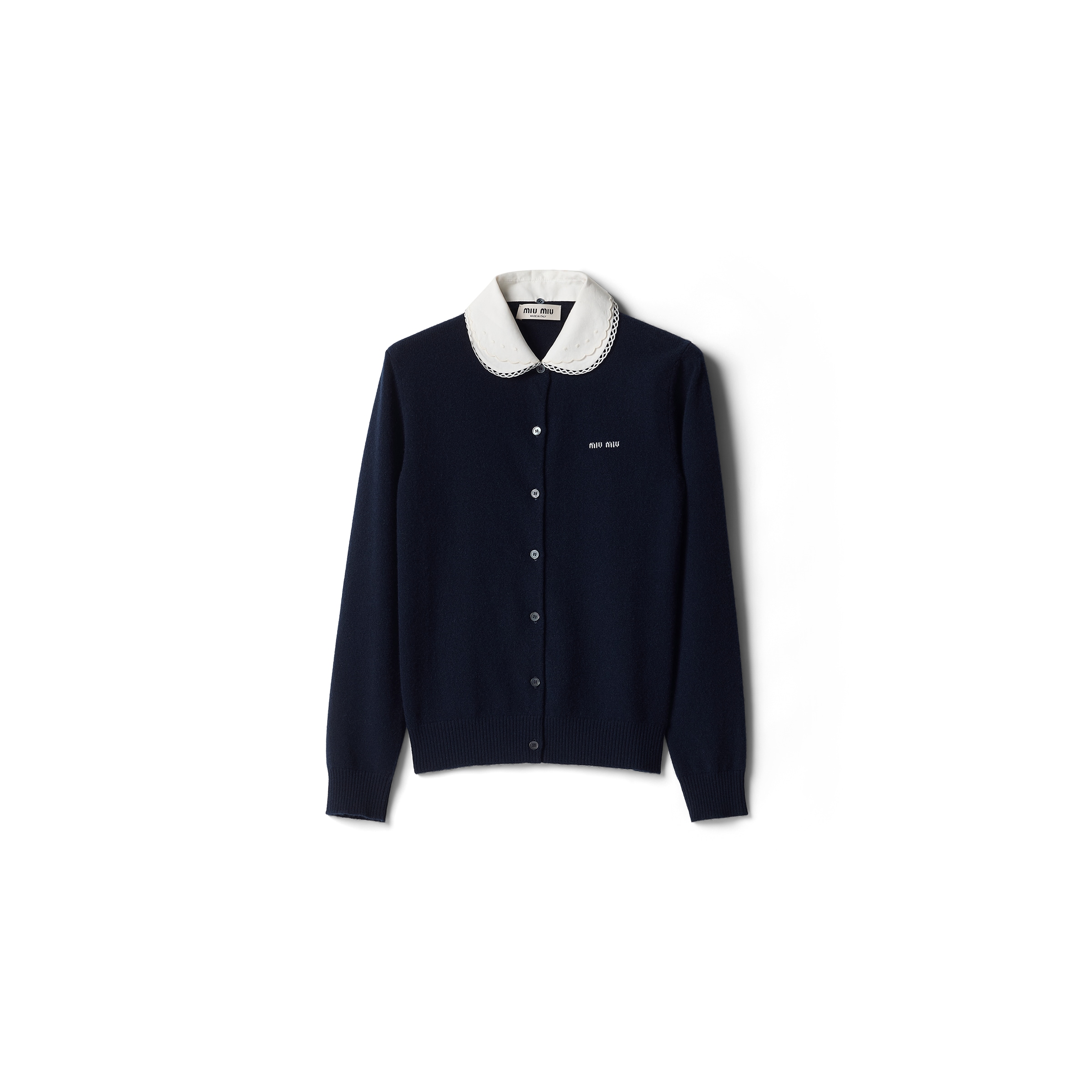 Miu Miu Cardigan In Cashmere Con Colletto In Popeline Ricamato, Donna, Blu, Taglia 38