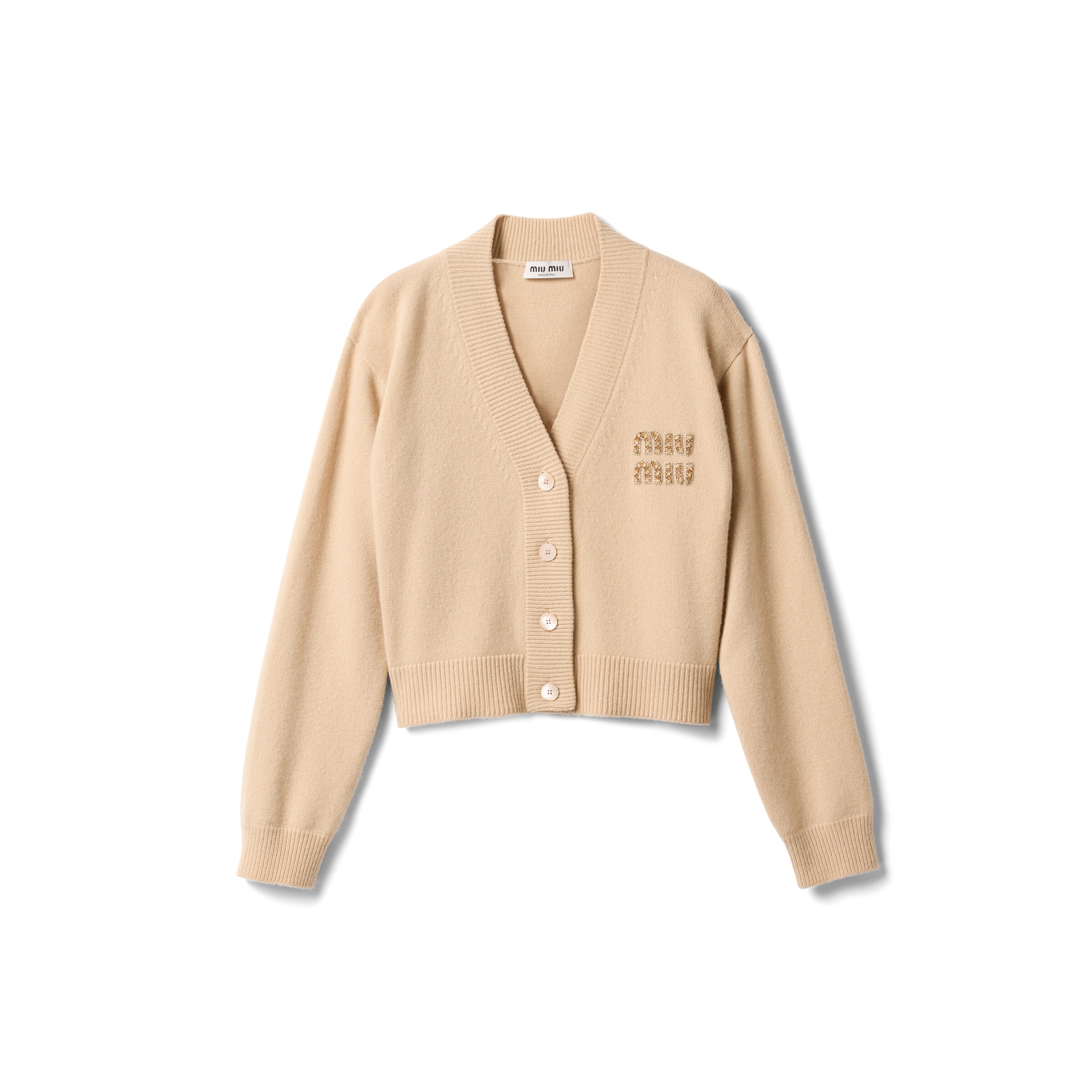 Miu Miu Cardigan En Cachemire Brodé, Femme, Blanc Albinos, Taille 40
