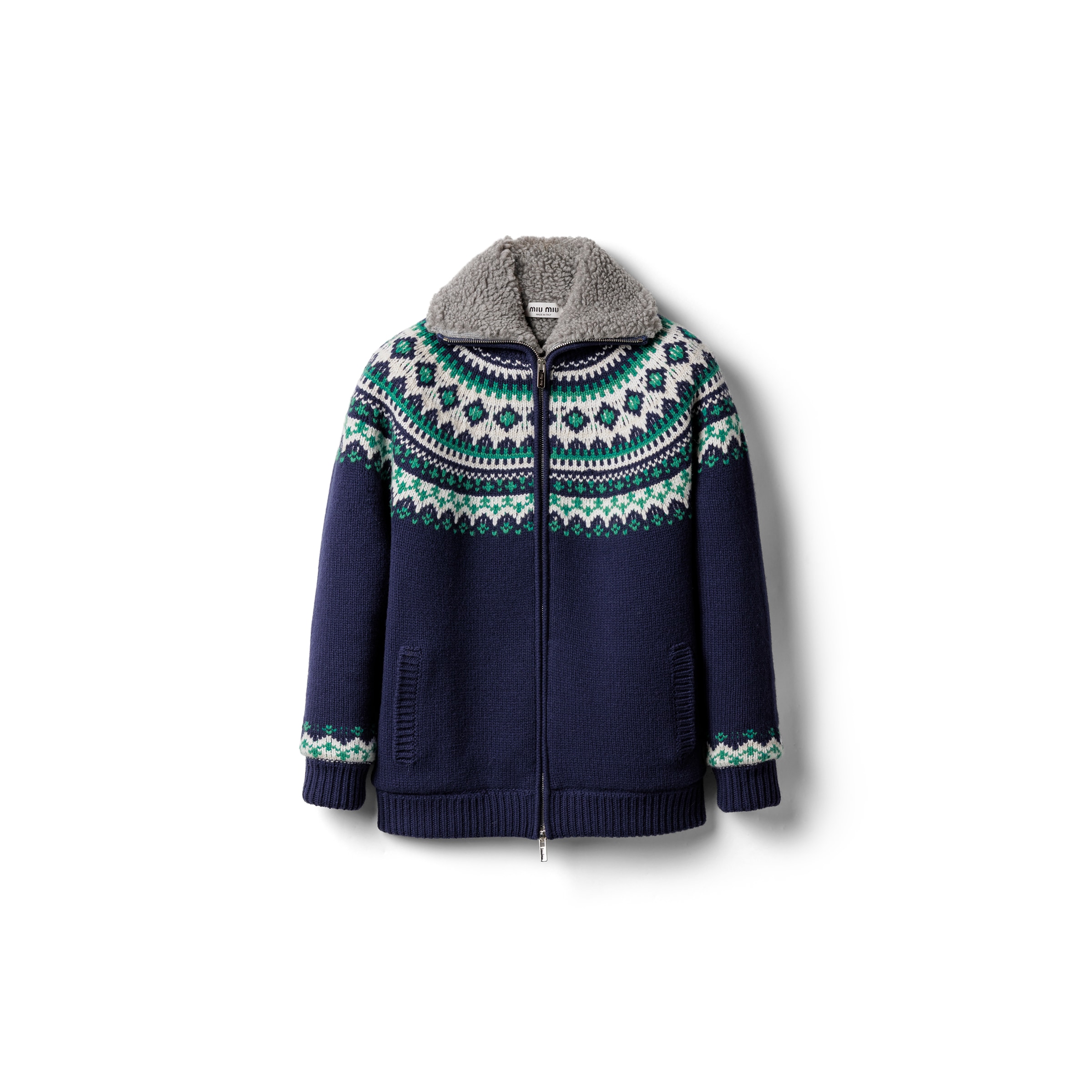 Miu Miu Cardigan In Lana E Pile Con Zip, Donna, Blu, Taglia 40