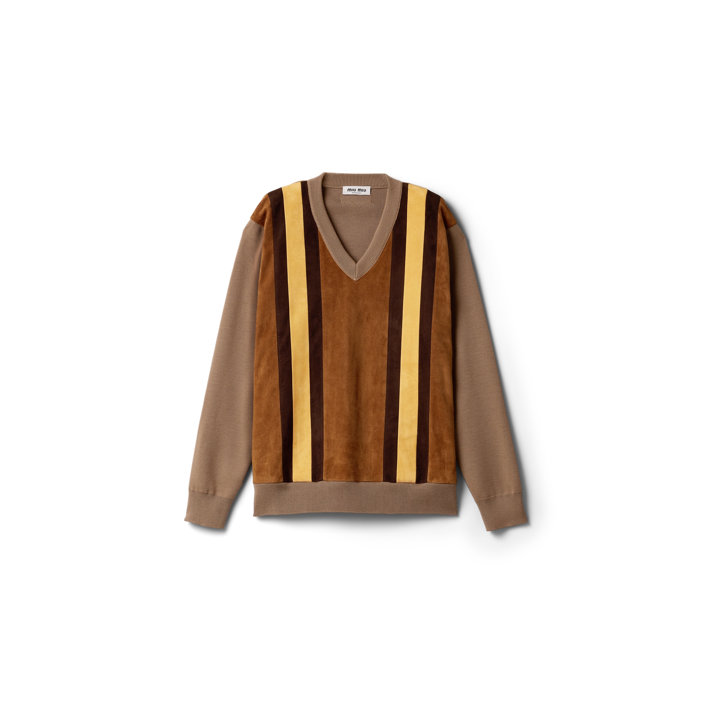 Miu Miu Pull En Laine Et Suède, Femme, Marron Camel, Taille 50