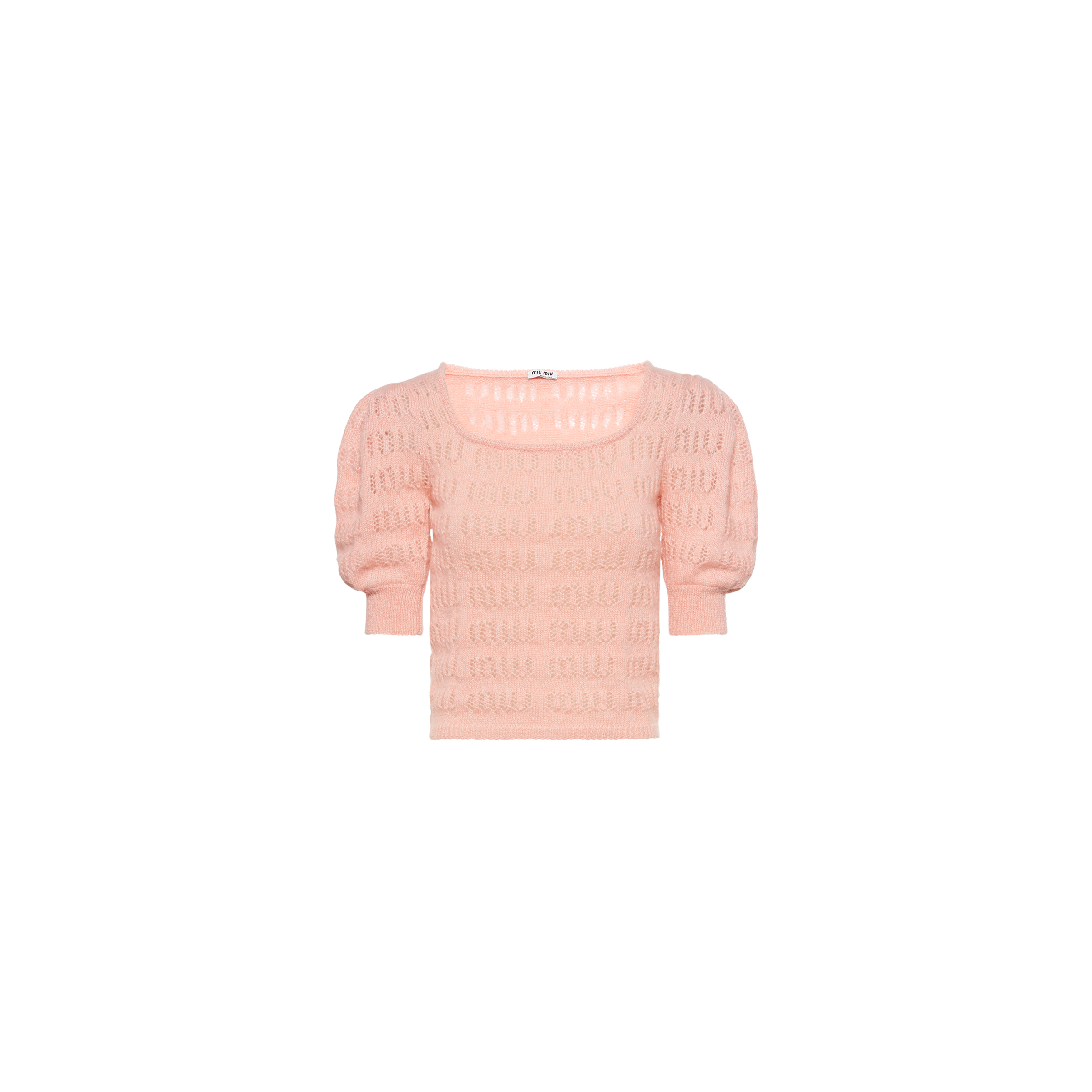Miu Miu Openwork-knit Cropped Puff-sleeve Top In Powder Pink