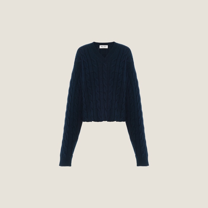 Navy Cashmere V-neck Sweater | Miu Miu