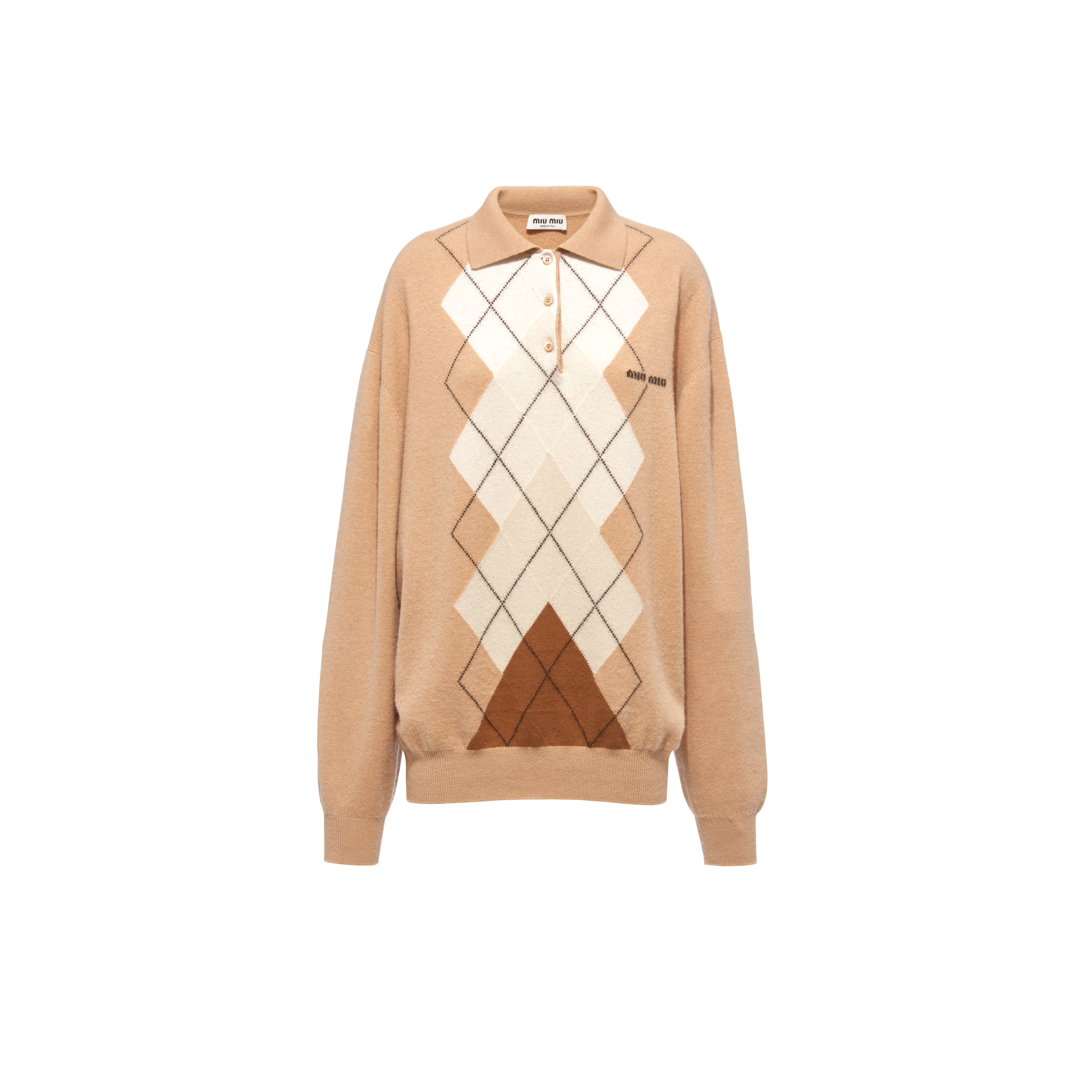 Miu Miu Intarsia Cashmere Polo Shirt In Camel Brown