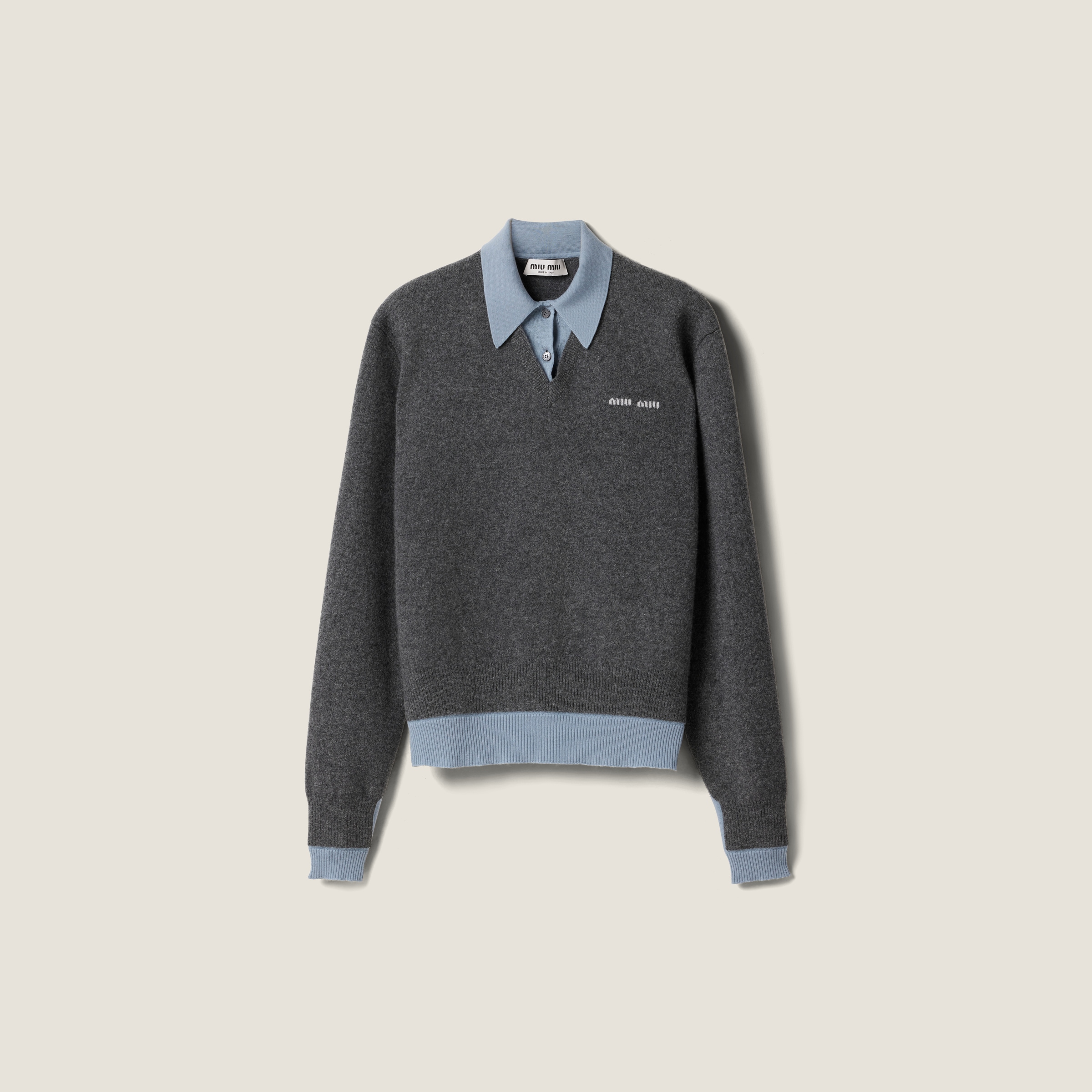 Miu Miu Pull À Col Polo En Cachemire Et Laine, Femme, Gris Ardoise/bleu Aviateur, Taille 44