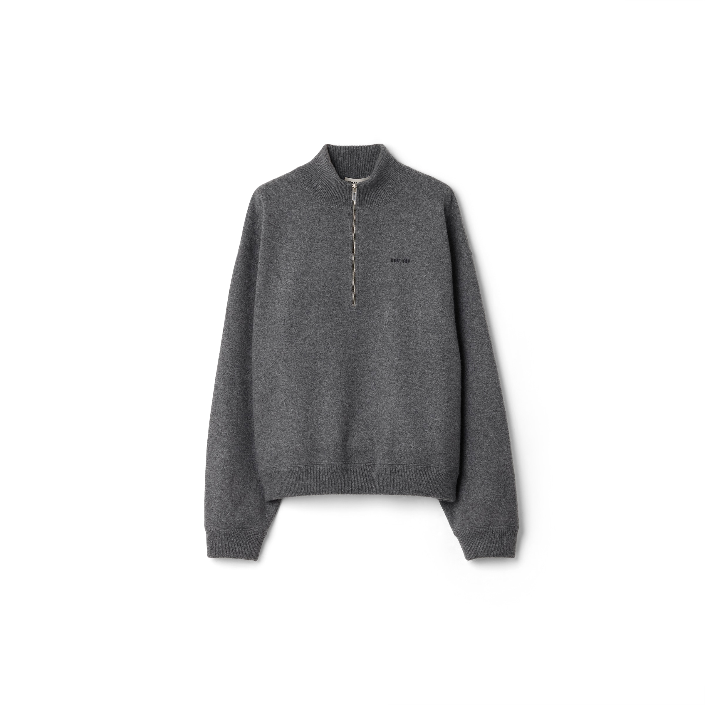 Miu Miu Cashmere And Jersey Zipper Sweater, Woman, Slate Gray, Size 42
