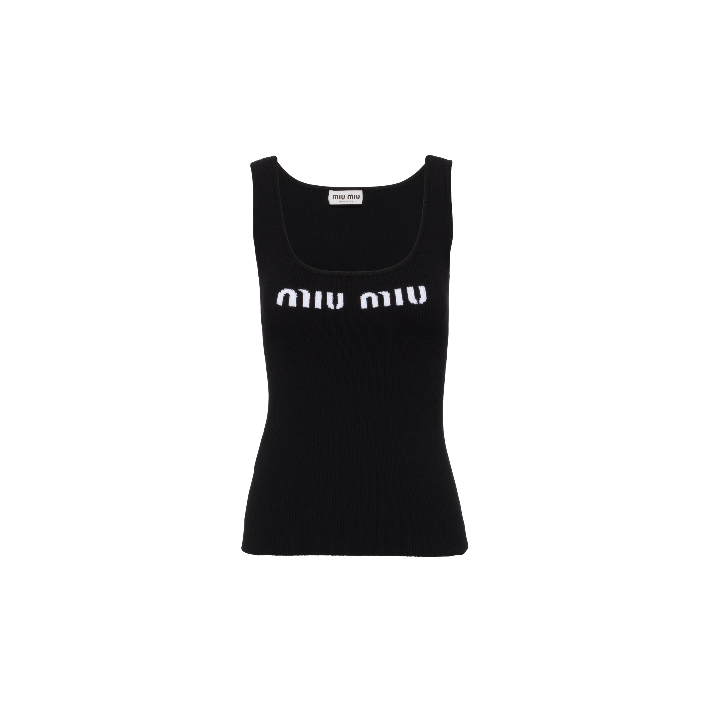 Miu Miu Logo Intarsia Ribbed Tank Top In Black