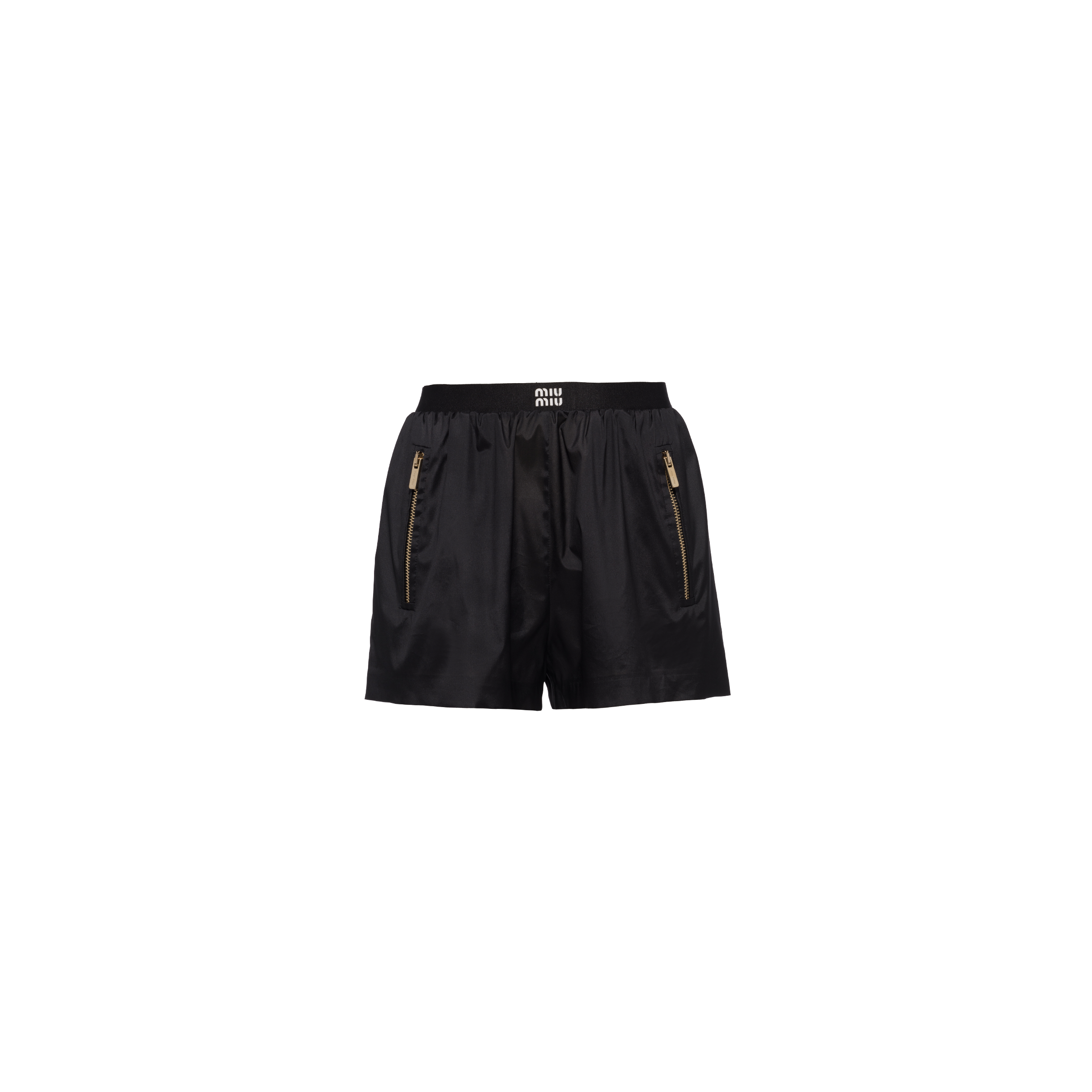 MIU MIU TECHNICAL SILK SHORTS WITH PRINTED LOGO