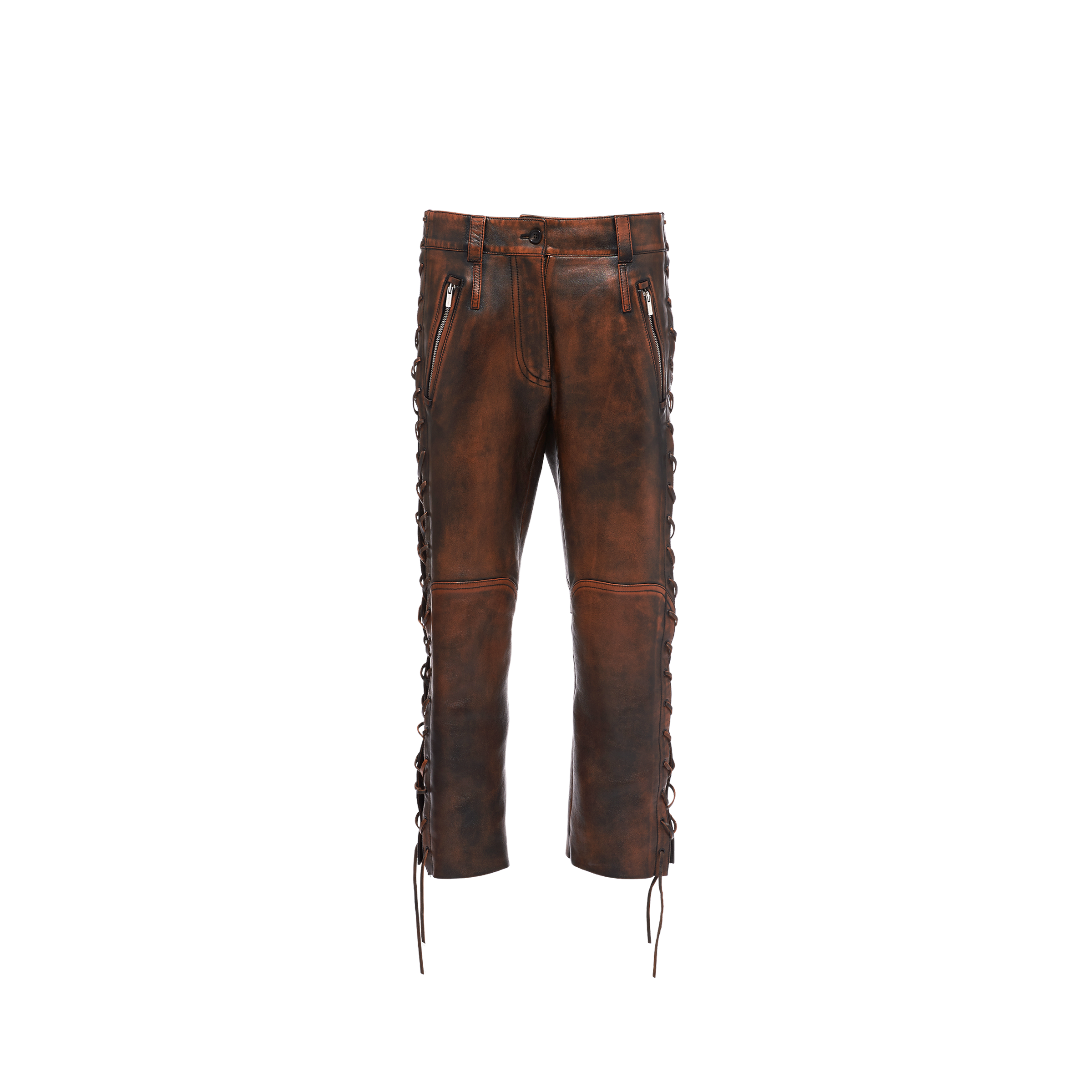 Miu Miu Vintage-look Laced Nappa Leather Pants In Cognac/black