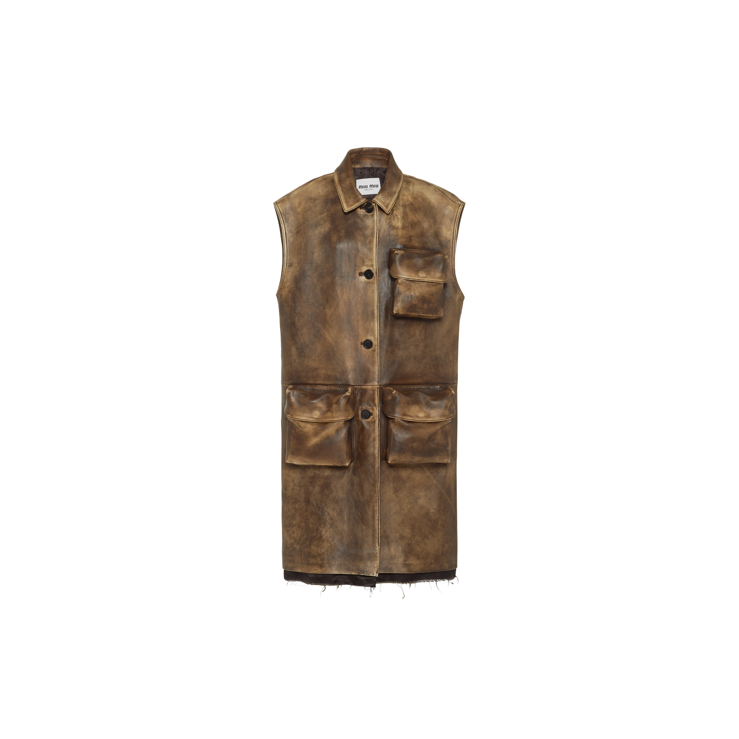 Miu Miu Nappa Leather Long Vest In Ivory+cocoa Brown