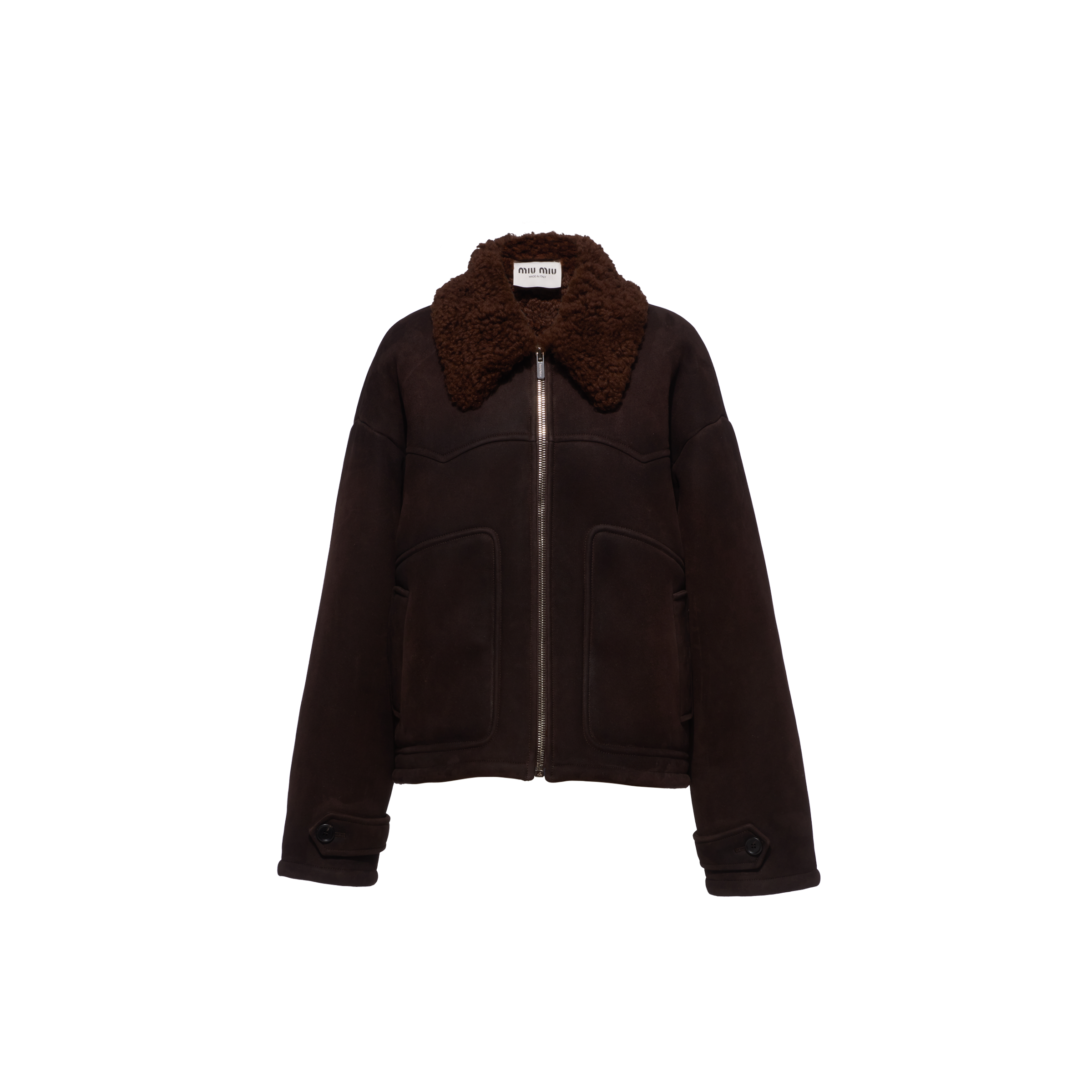 Dark Brown/tobacco Oversized Suede Shearling Jacket | Miu Miu