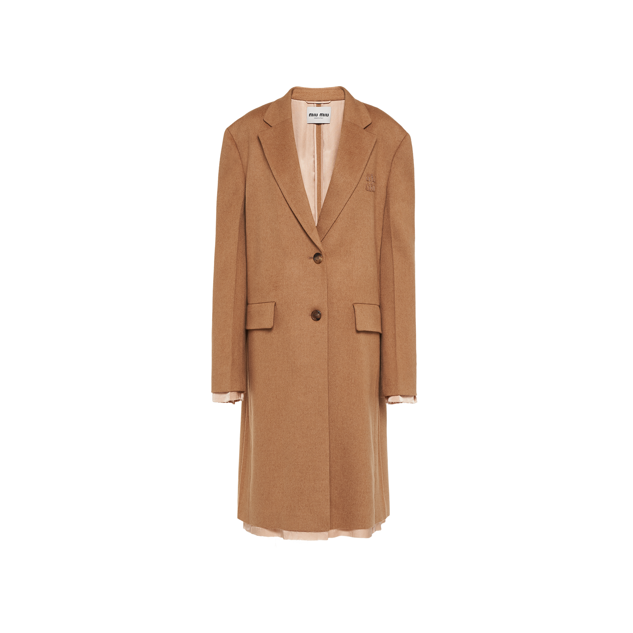 Miu Miu Single-breasted Velour Camel Hair Coat In Camel Brown