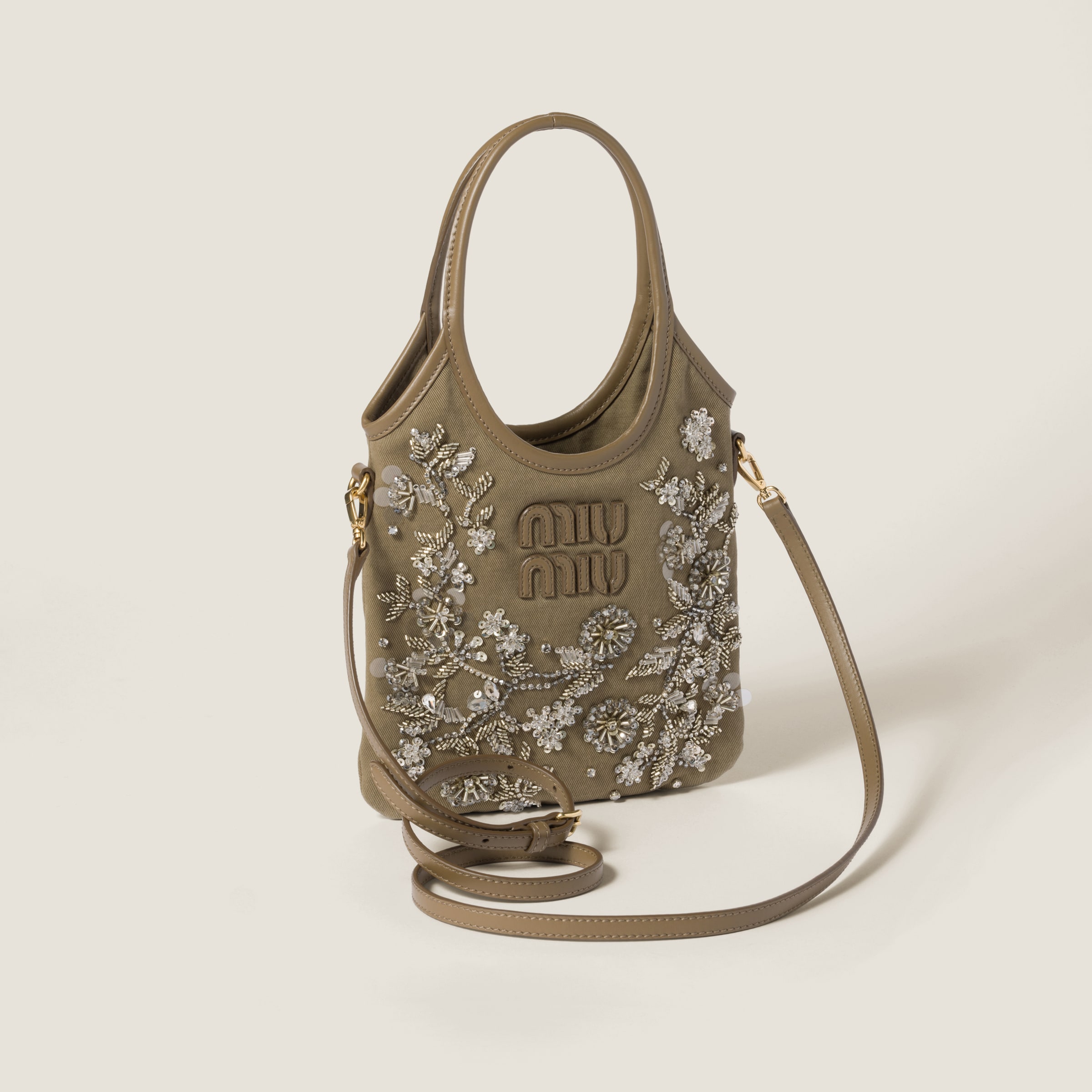 Miu Miu Ivy Embroidered Gabardine Bag In Tundra